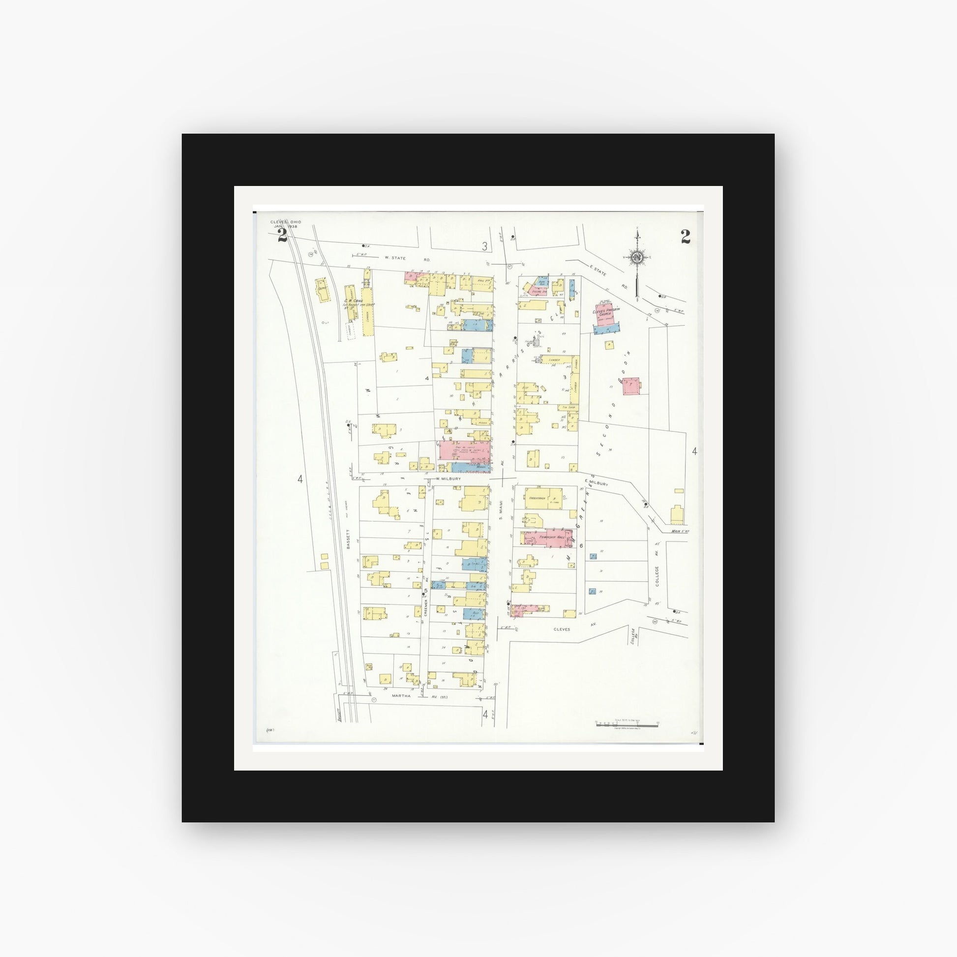 Old map wall art mockup — black gallery frame with white mat — Sanborn Fire Insurance Map from Cleves, Hamilton County, Ohio (1938), Sheet #0002