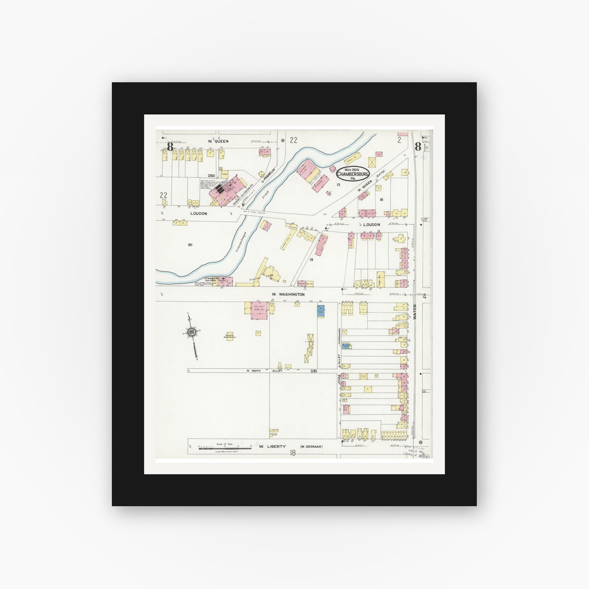 Old map wall art mockup — black gallery frame with white mat — Sanborn Fire Insurance Map from Chambersburg, Franklin County, Pennsylvania (1924), Sheet #0008