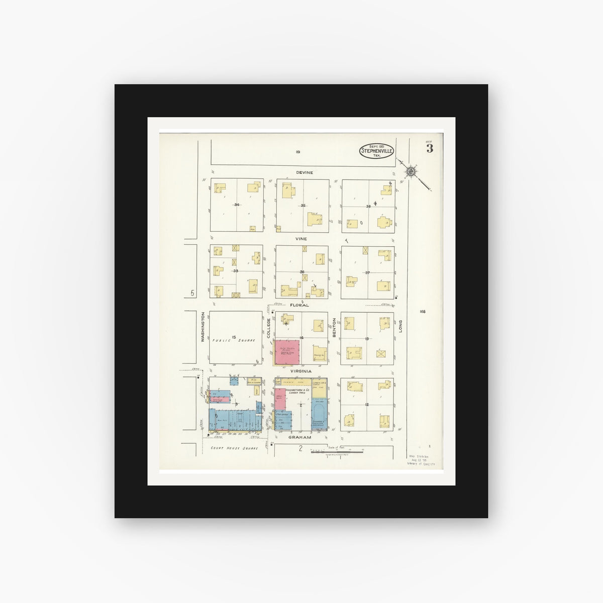 Old map wall art mockup — black gallery frame with white mat — Sanborn Fire Insurance Map from Stephenville, Erath County, Texas (1921), Sheet #0003