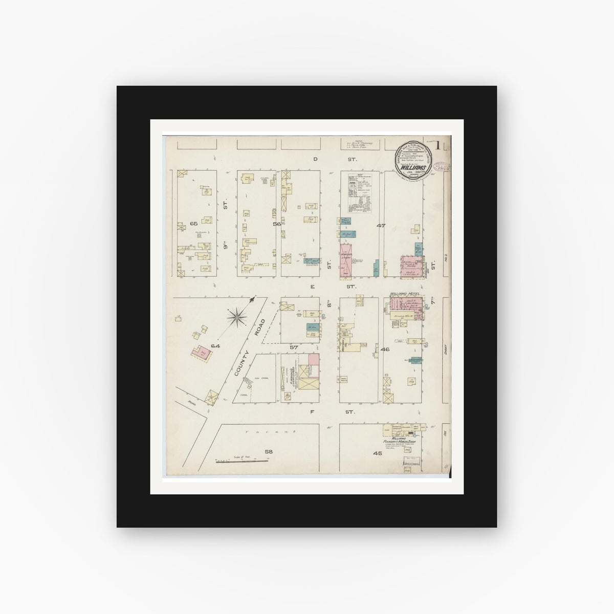 Old map wall art mockup — black gallery frame with white mat — Sanborn Fire Insurance Map from Williams, Colusa County, California (1886) - Complete Map Set