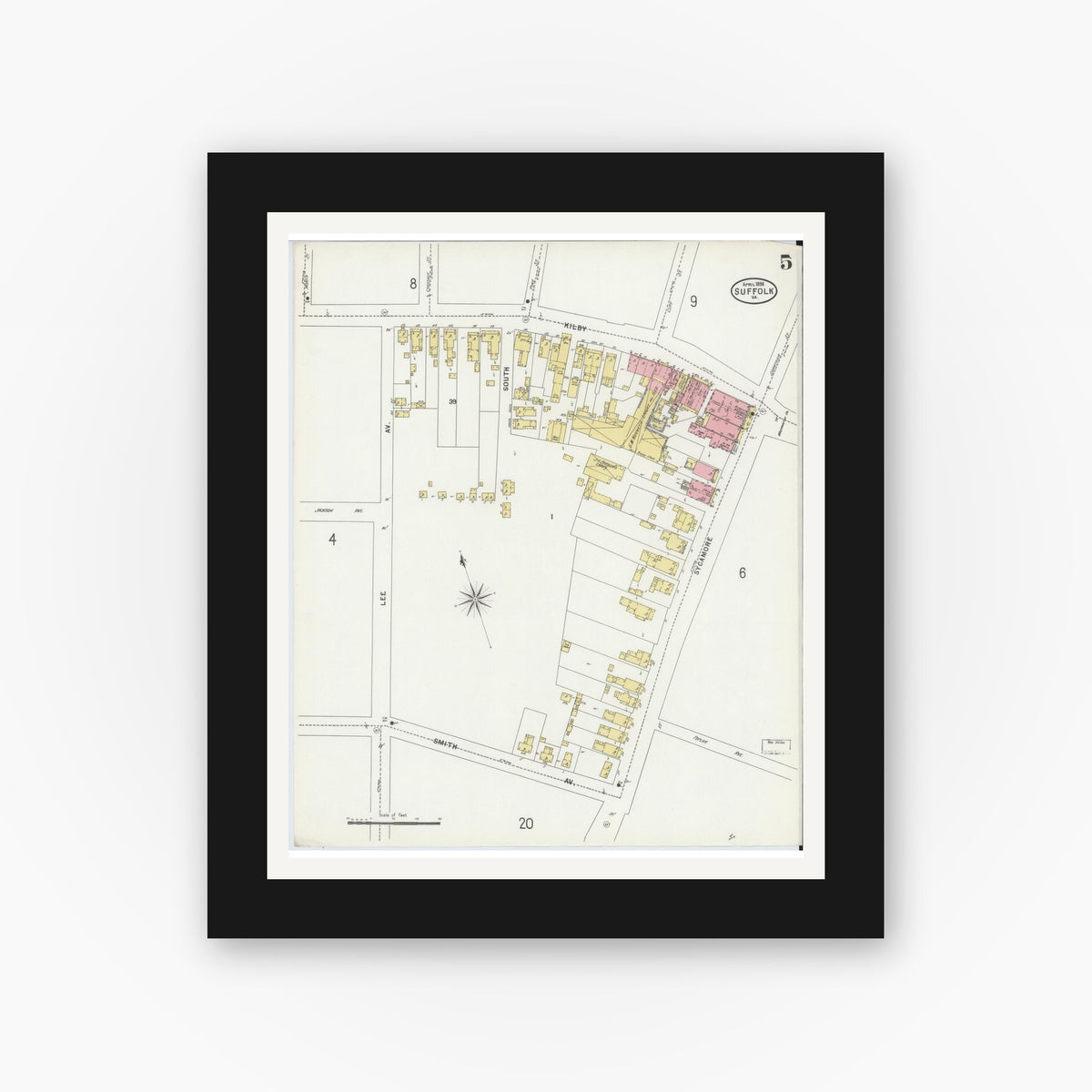 Old map wall art mockup — black gallery frame with white mat — Sanborn Fire Insurance Map from Suffolk, Independent Cities, Virginia (1898), Sheet #0005