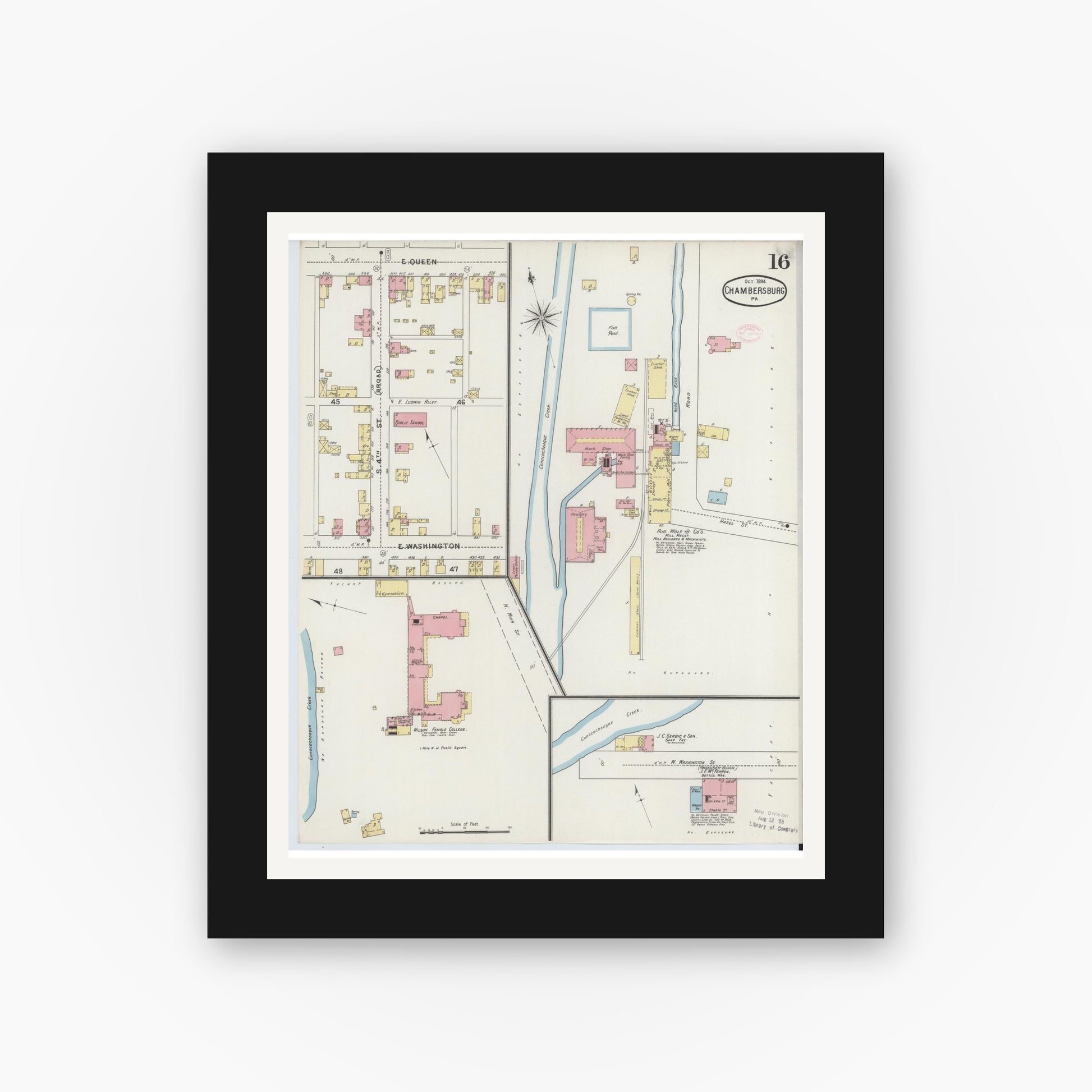 Old map wall art mockup — black gallery frame with white mat — Sanborn Fire Insurance Map from Chambersburg, Franklin County, Pennsylvania (1894), Sheet #0016