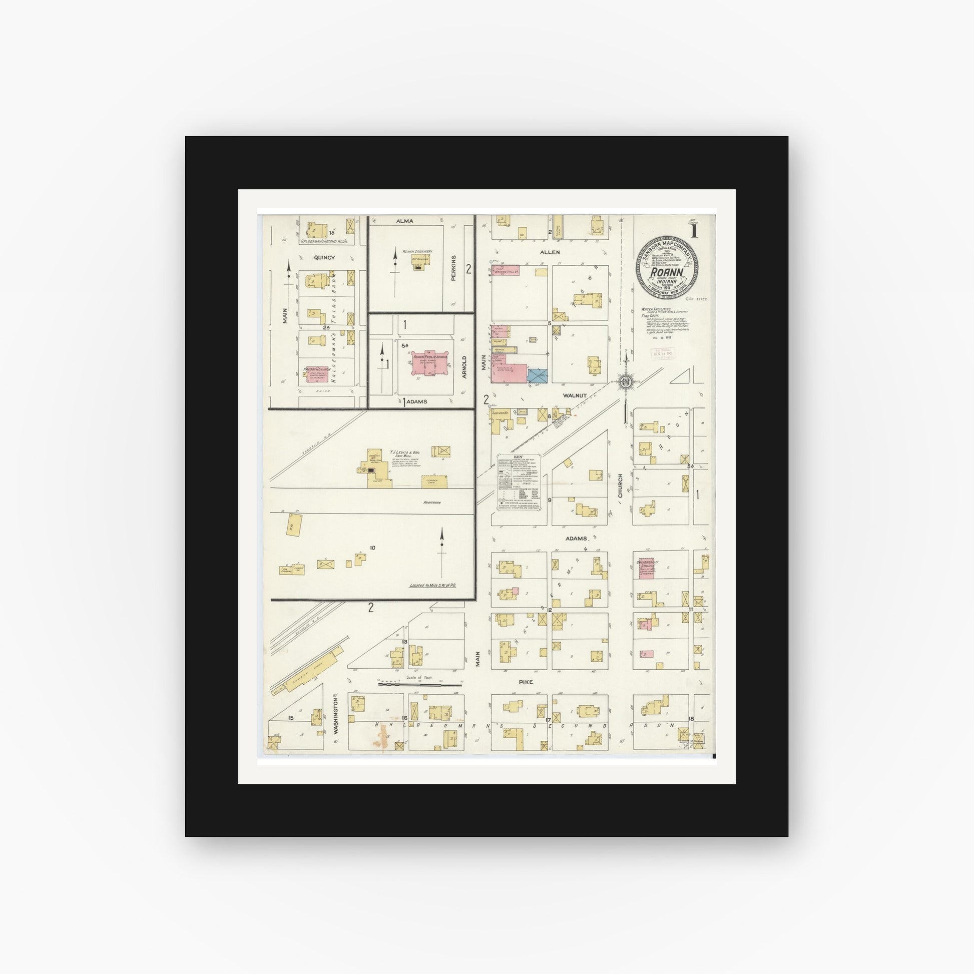 Old map wall art mockup — black gallery frame with white mat — Sanborn Fire Insurance Map from Roann, Wabash County, Indiana (1911) - Complete Map Set