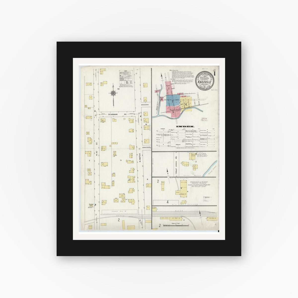 Old map wall art mockup — black gallery frame with white mat — Sanborn Fire Insurance Map from Knoxville, Tioga County, Pennsylvania (1911) - Complete Map Set