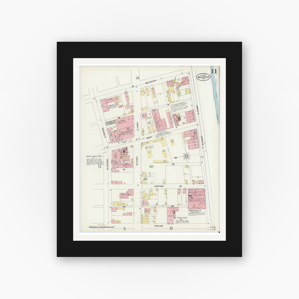 Old map wall art mockup — black gallery frame with white mat — Sanborn Fire Insurance Map from Madison, Jefferson County, Indiana (1897), Sheet #0011