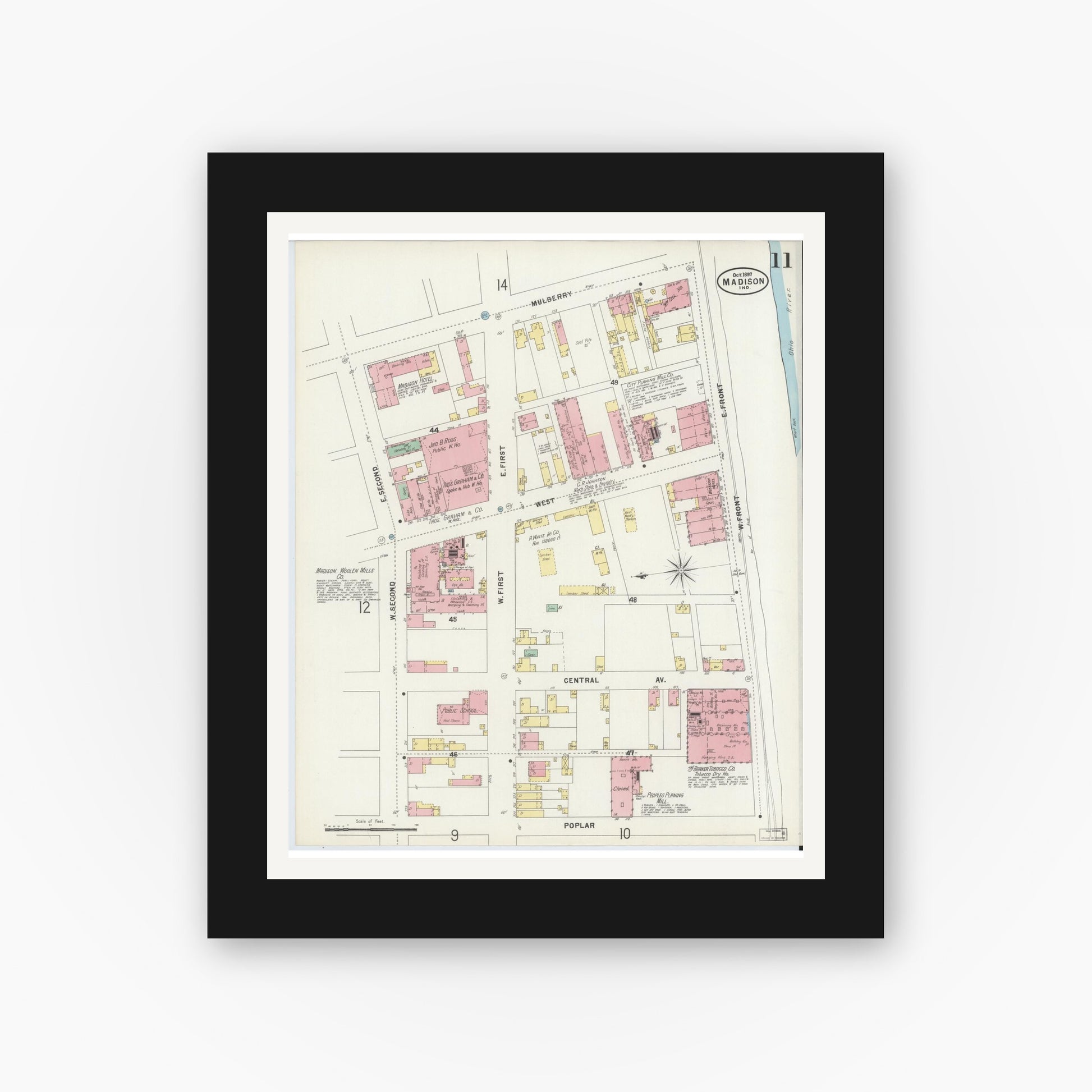 Old map wall art mockup — black gallery frame with white mat — Sanborn Fire Insurance Map from Madison, Jefferson County, Indiana (1897), Sheet #0011