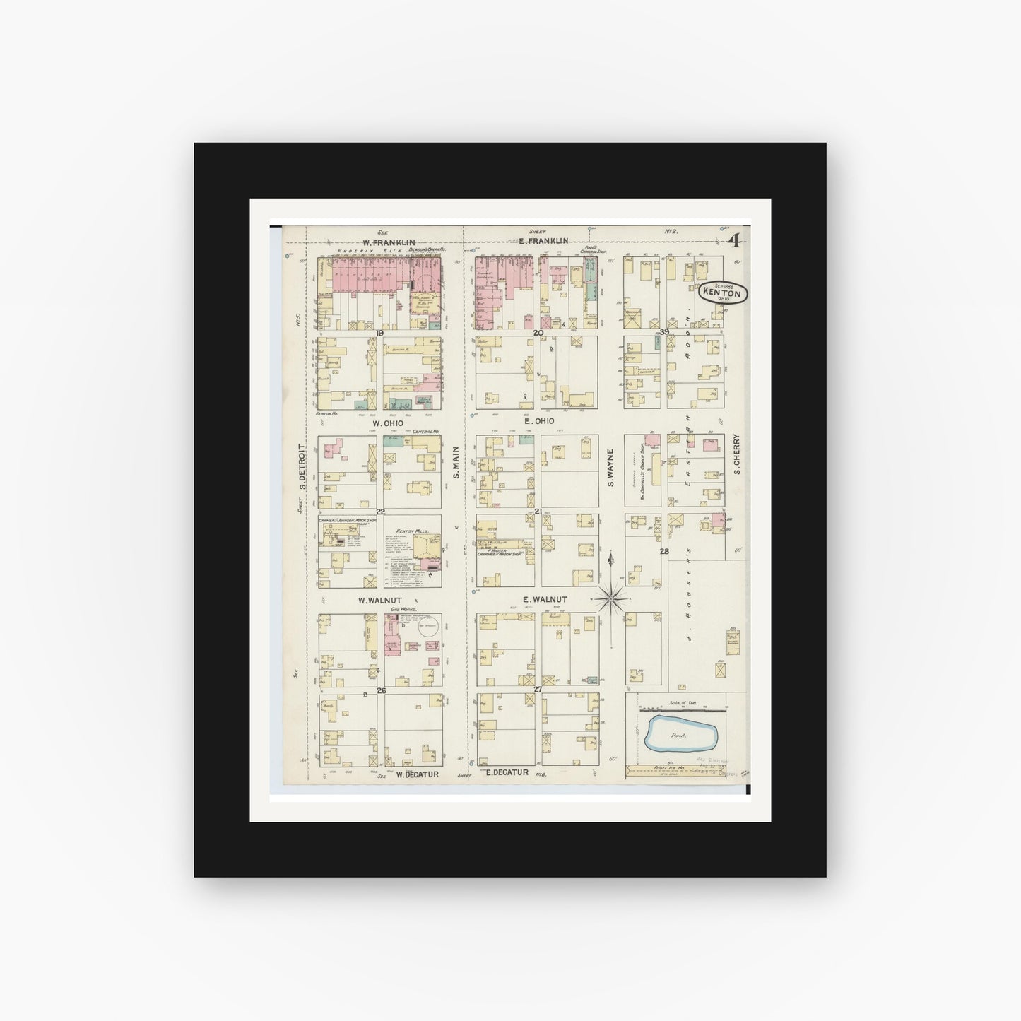 Old map wall art mockup — black gallery frame with white mat — Sanborn Fire Insurance Map from Kenton, Hardin County, Ohio (1888), Sheet #0004