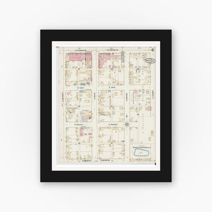 Old map wall art mockup — black gallery frame with white mat — Sanborn Fire Insurance Map from Kenton, Hardin County, Ohio (1888), Sheet #0004
