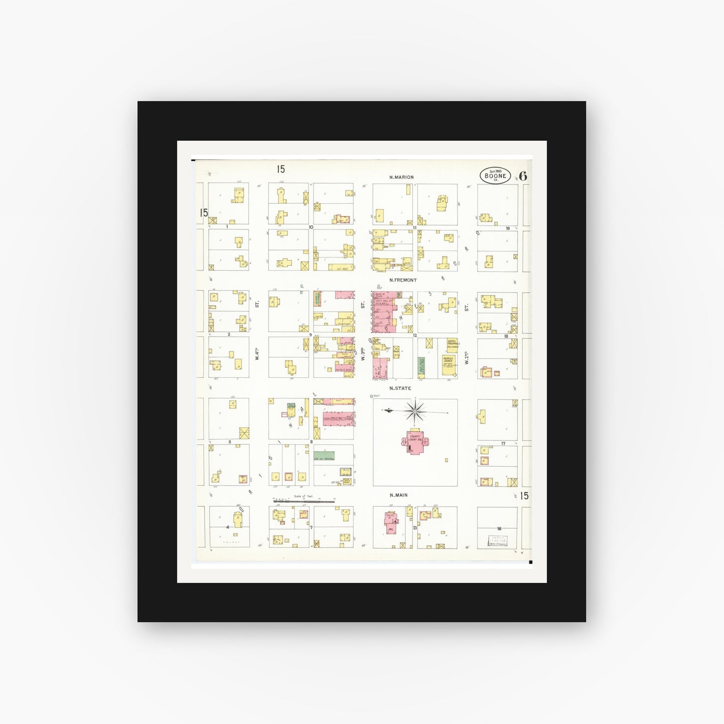 Old map wall art mockup — black gallery frame with white mat — Sanborn Fire Insurance Map from Boone, Boone County, Iowa (1900), Sheet #0006