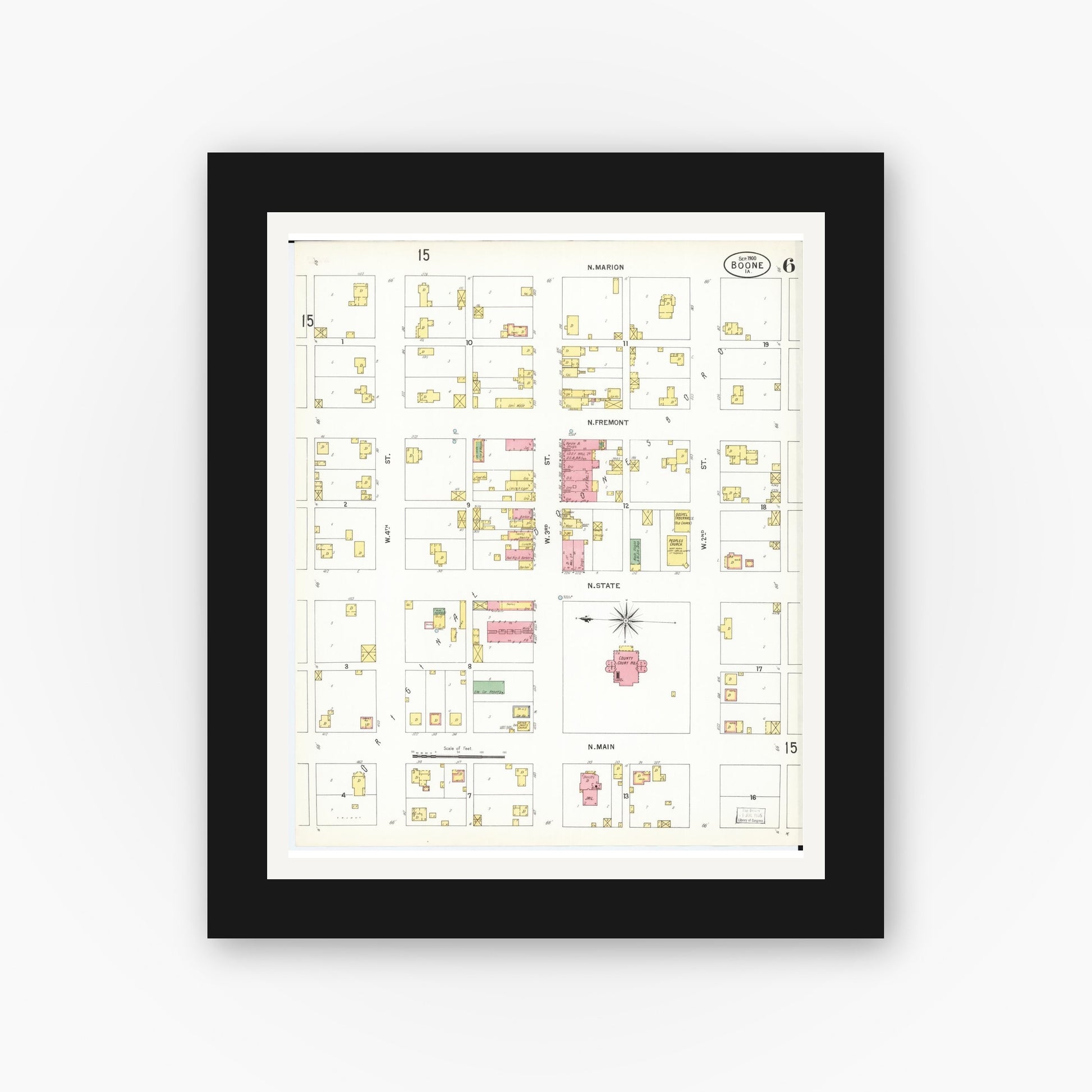 Old map wall art mockup — black gallery frame with white mat — Sanborn Fire Insurance Map from Boone, Boone County, Iowa (1900), Sheet #0006