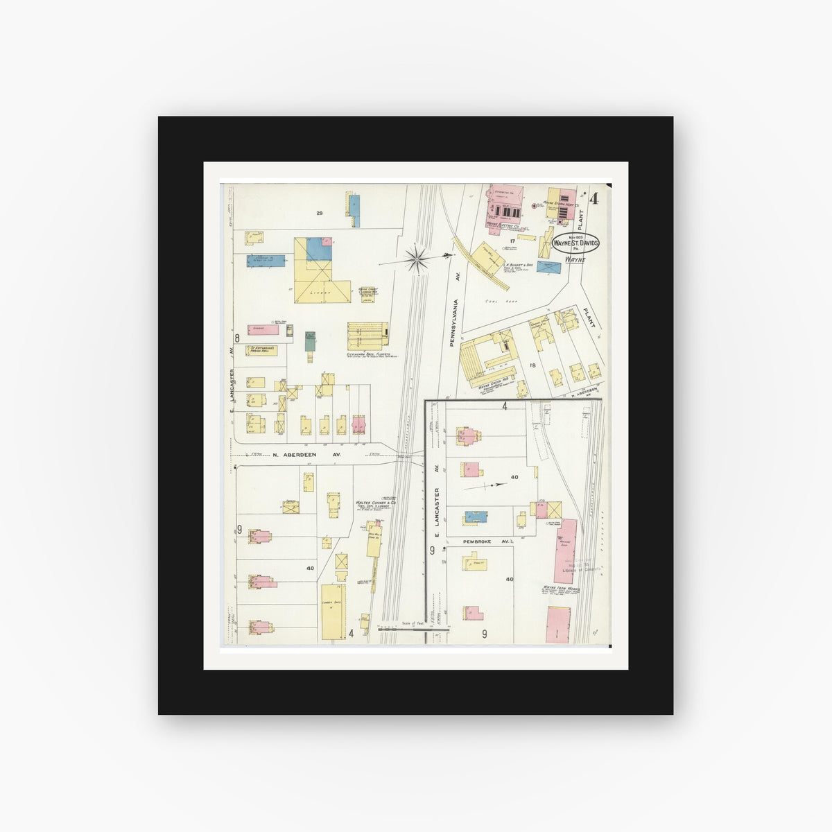 Old map wall art mockup — black gallery frame with white mat — Sanborn Fire Insurance Map from Wayne, Delaware County, Pennsylvania (1909), Sheet #0004
