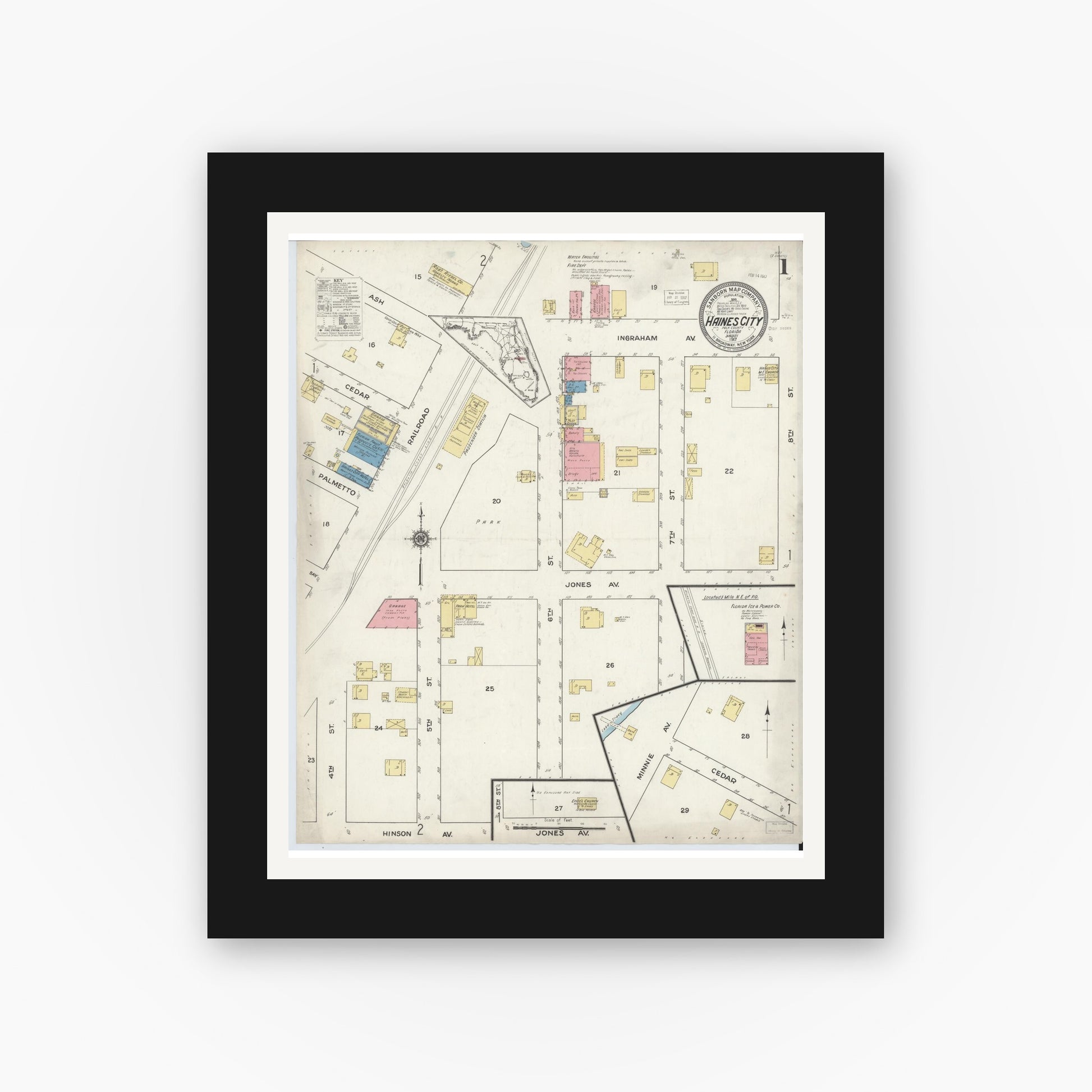 Old map wall art mockup — black gallery frame with white mat — Sanborn Fire Insurance Map from Haines City, Polk County, Florida (1917) - Complete Map Set