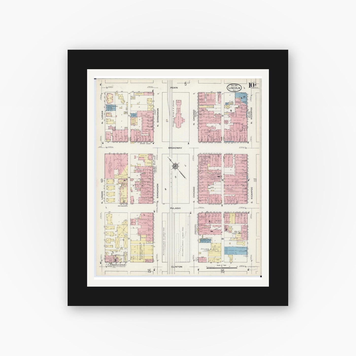 Old map wall art mockup — black gallery frame with white mat — Sanborn Fire Insurance Map from Lincoln, Logan County, Illinois (1914), Sheet #0010