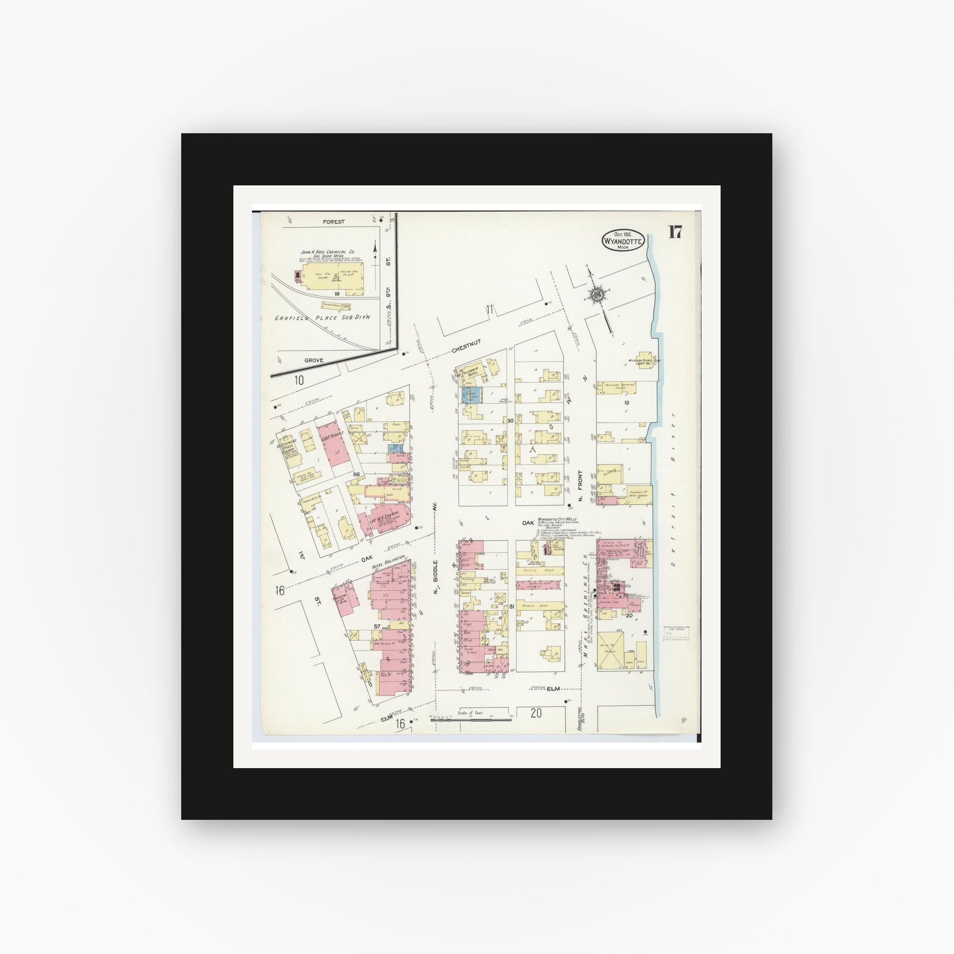 Old map wall art mockup — black gallery frame with white mat — Sanborn Fire Insurance Map from Wyandotte, Wayne County, Michigan (1912), Sheet #0017