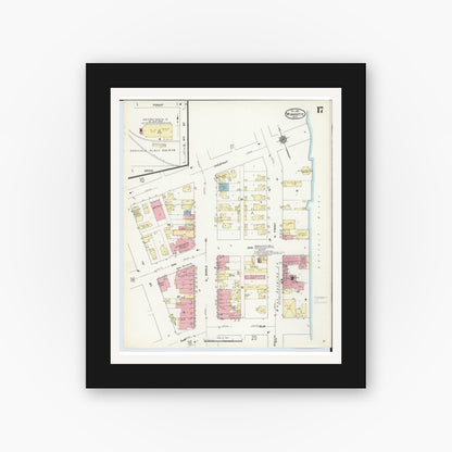 Old map wall art mockup — black gallery frame with white mat — Sanborn Fire Insurance Map from Wyandotte, Wayne County, Michigan (1912), Sheet #0017