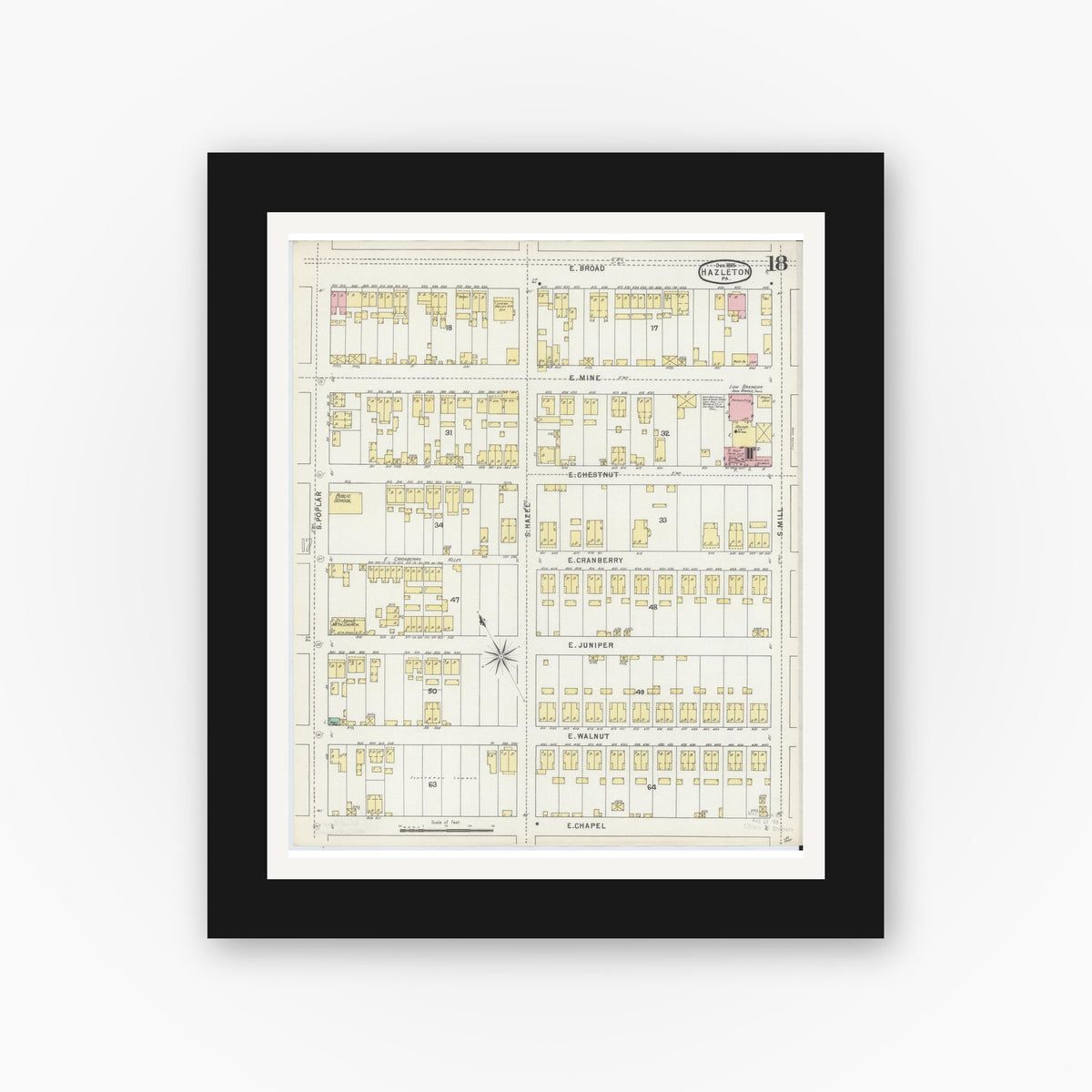 Old map wall art mockup — black gallery frame with white mat — Sanborn Fire Insurance Map from Hazleton, Luzerne County, Pennsylvania (1895), Sheet #0018