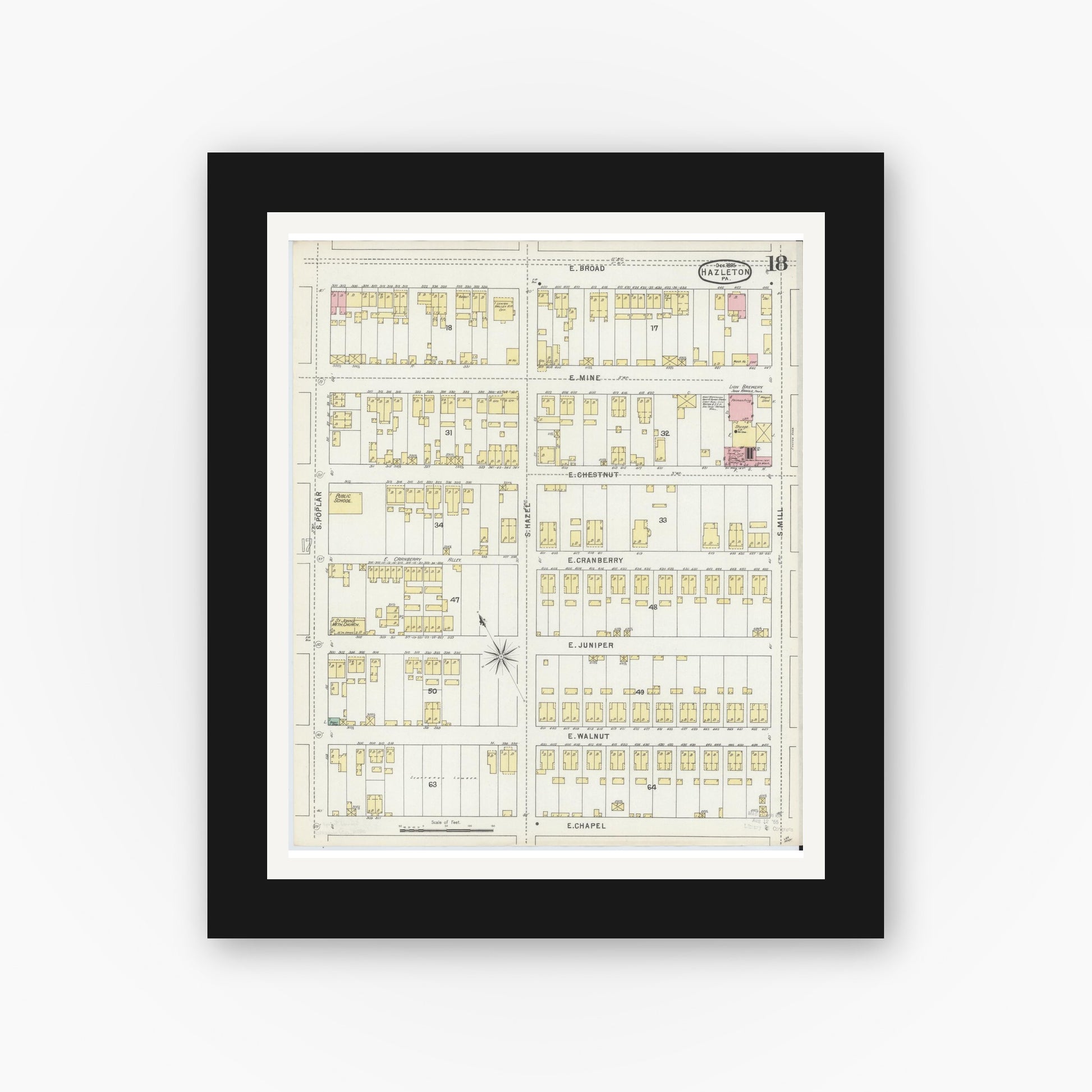 Old map wall art mockup — black gallery frame with white mat — Sanborn Fire Insurance Map from Hazleton, Luzerne County, Pennsylvania (1895), Sheet #0018