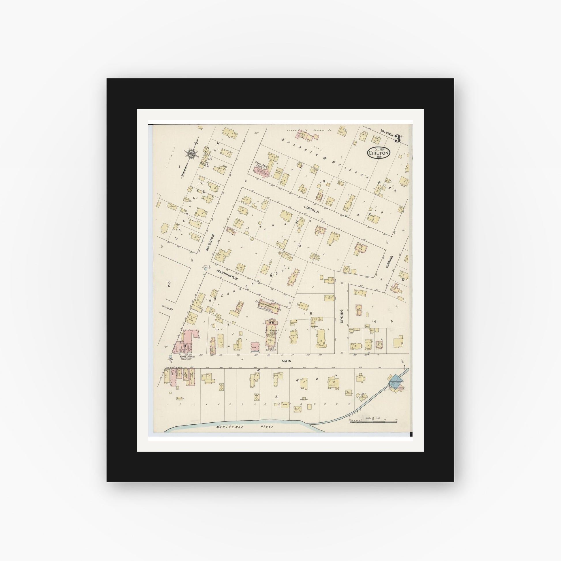 Old map wall art mockup — black gallery frame with white mat — Sanborn Fire Insurance Map from Chilton, Calumet County, Wisconsin (1914), Sheet #0003