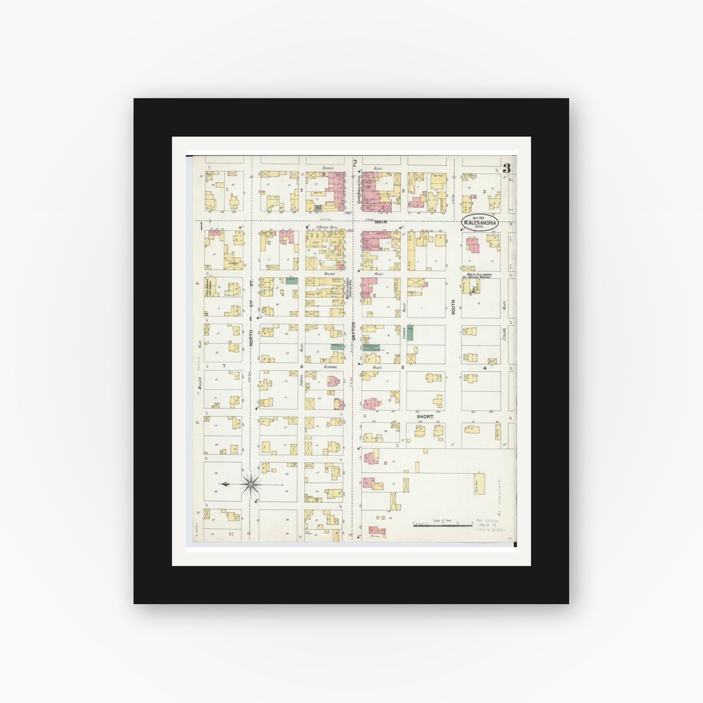Old map wall art mockup — black gallery frame with white mat — Sanborn Fire Insurance Map from West Alexandria, Preble County, Ohio (1901), Sheet #0003