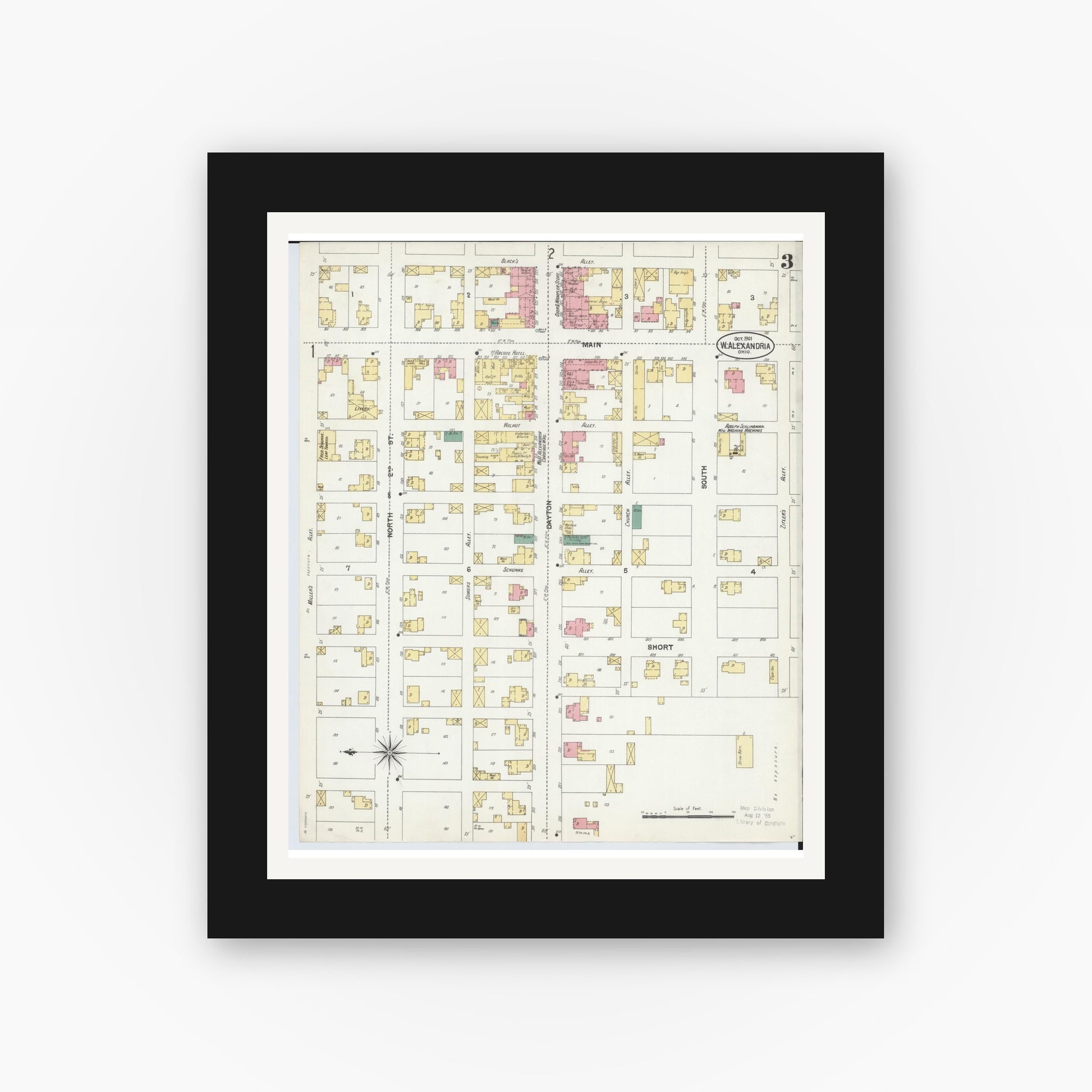 Old map wall art mockup — black gallery frame with white mat — Sanborn Fire Insurance Map from West Alexandria, Preble County, Ohio (1901), Sheet #0003