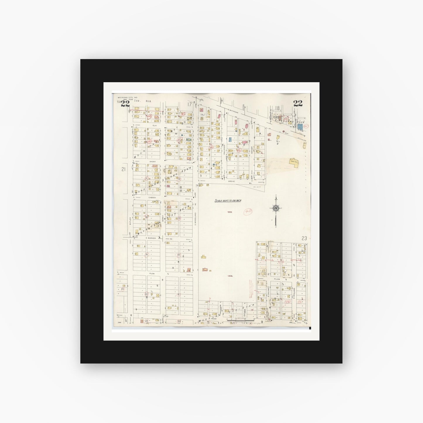Old map wall art mockup — black gallery frame with white mat — Sanborn Fire Insurance Map from Michigan City, La Porte County, Indiana (1948), Sheet #0022