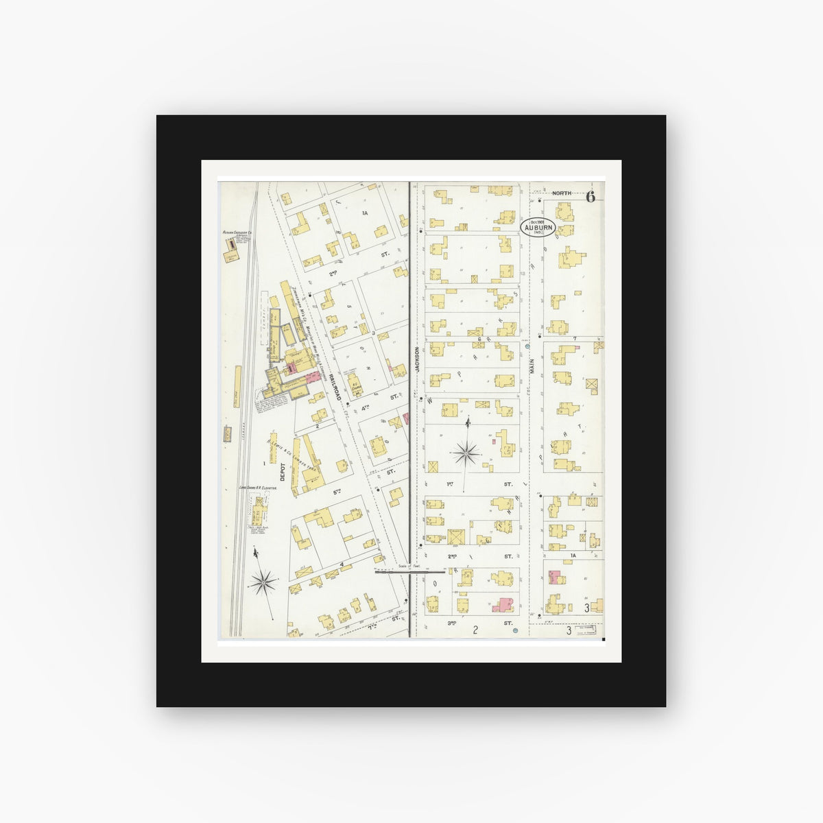 Old map wall art mockup — black gallery frame with white mat — Sanborn Fire Insurance Map from Auburn, De Kalb County, Indiana (1901), Sheet #0006