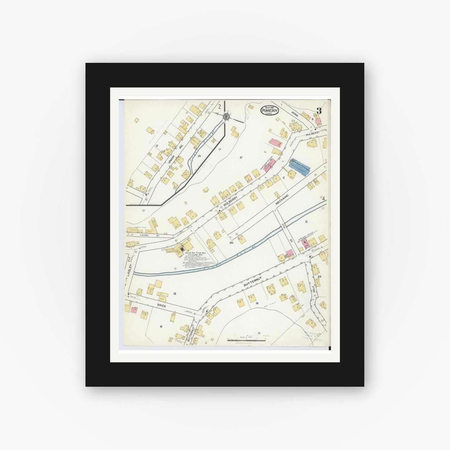 Old map wall art mockup — black gallery frame with white mat — Sanborn Fire Insurance Map from Pomeroy, Meigs County, Ohio (1916), Sheet #0003