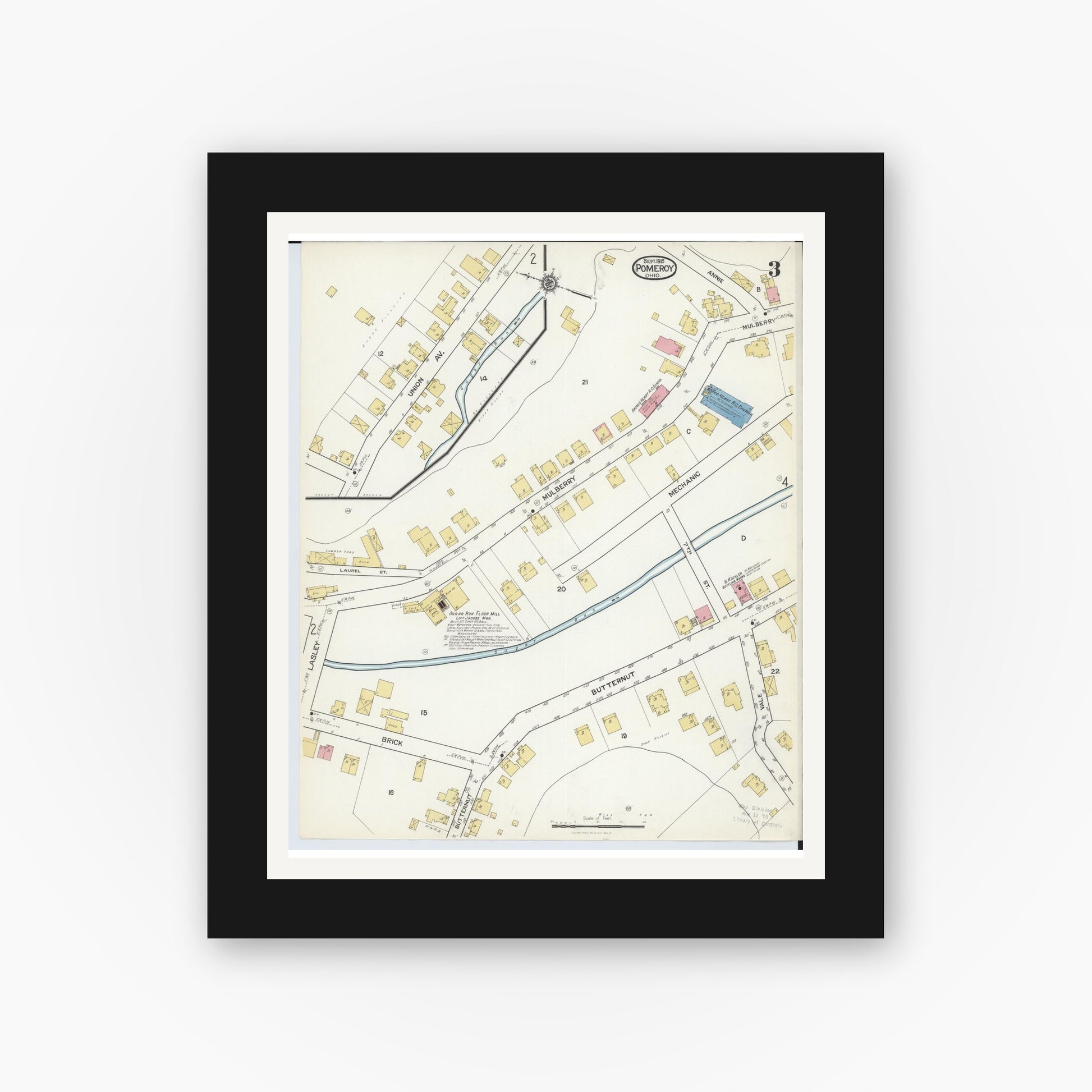 Old map wall art mockup — black gallery frame with white mat — Sanborn Fire Insurance Map from Pomeroy, Meigs County, Ohio (1916), Sheet #0003