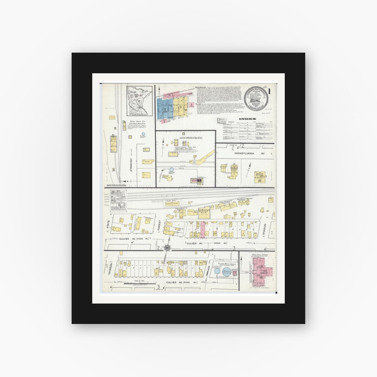 Old map wall art mockup — black gallery frame with white mat — Sanborn Fire Insurance Map from Buhl, Saint Louis County, Minnesota (1917) - Complete Map Set