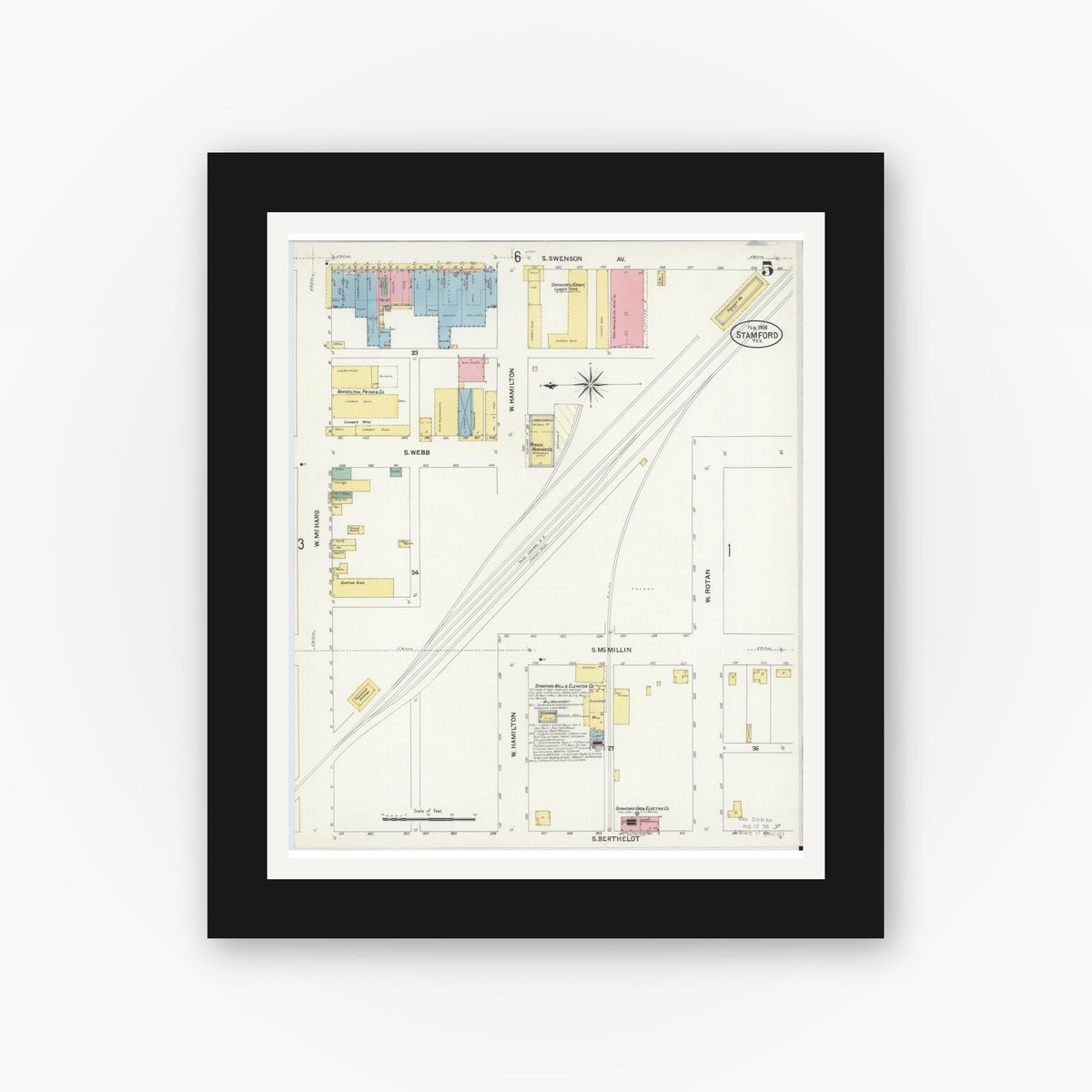Old map wall art mockup — black gallery frame with white mat — Sanborn Fire Insurance Map from Stamford, Jones County, Texas (1908), Sheet #0005