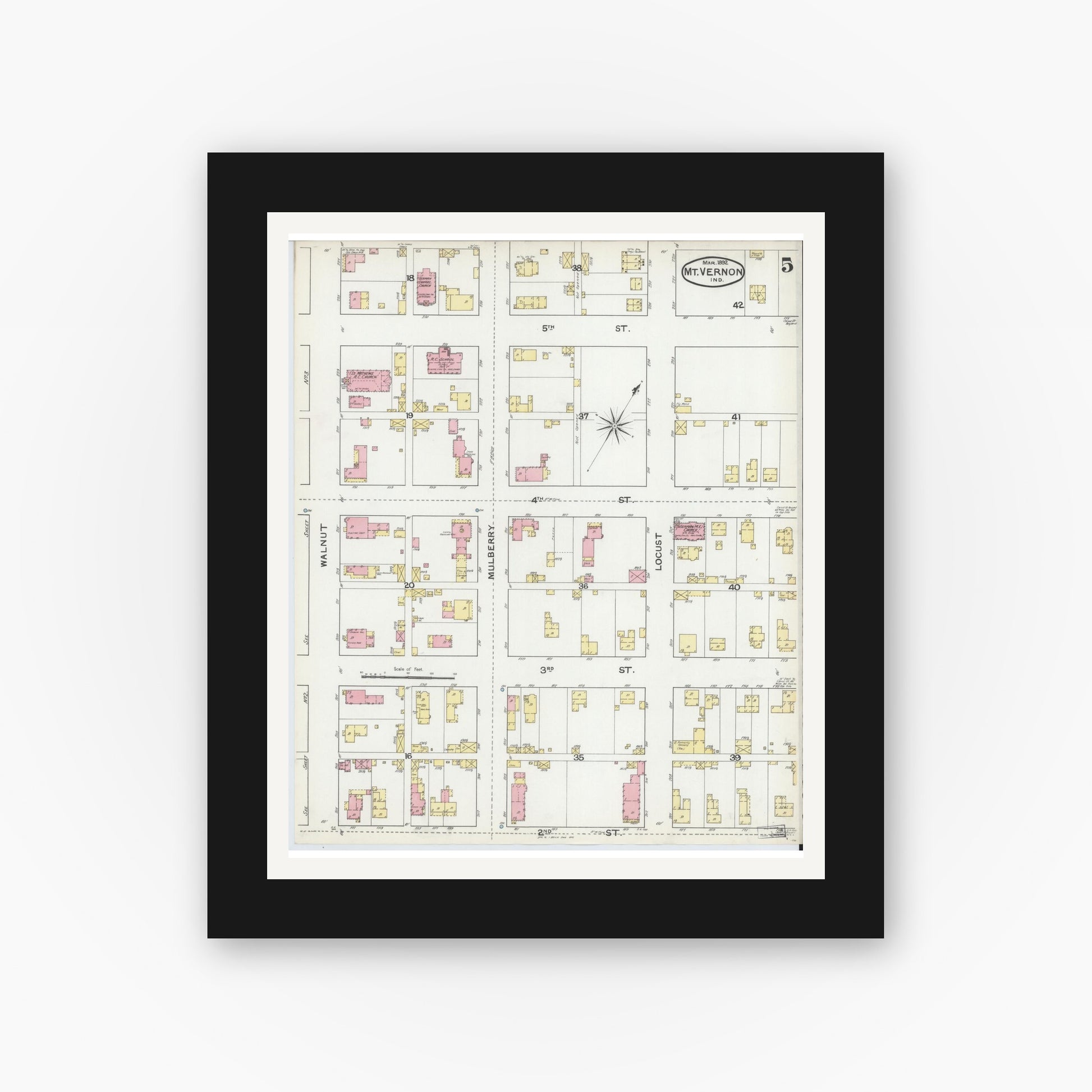 Old map wall art mockup — black gallery frame with white mat — Sanborn Fire Insurance Map from Mount Vernon, Posey County, Indiana (1892), Sheet #0005