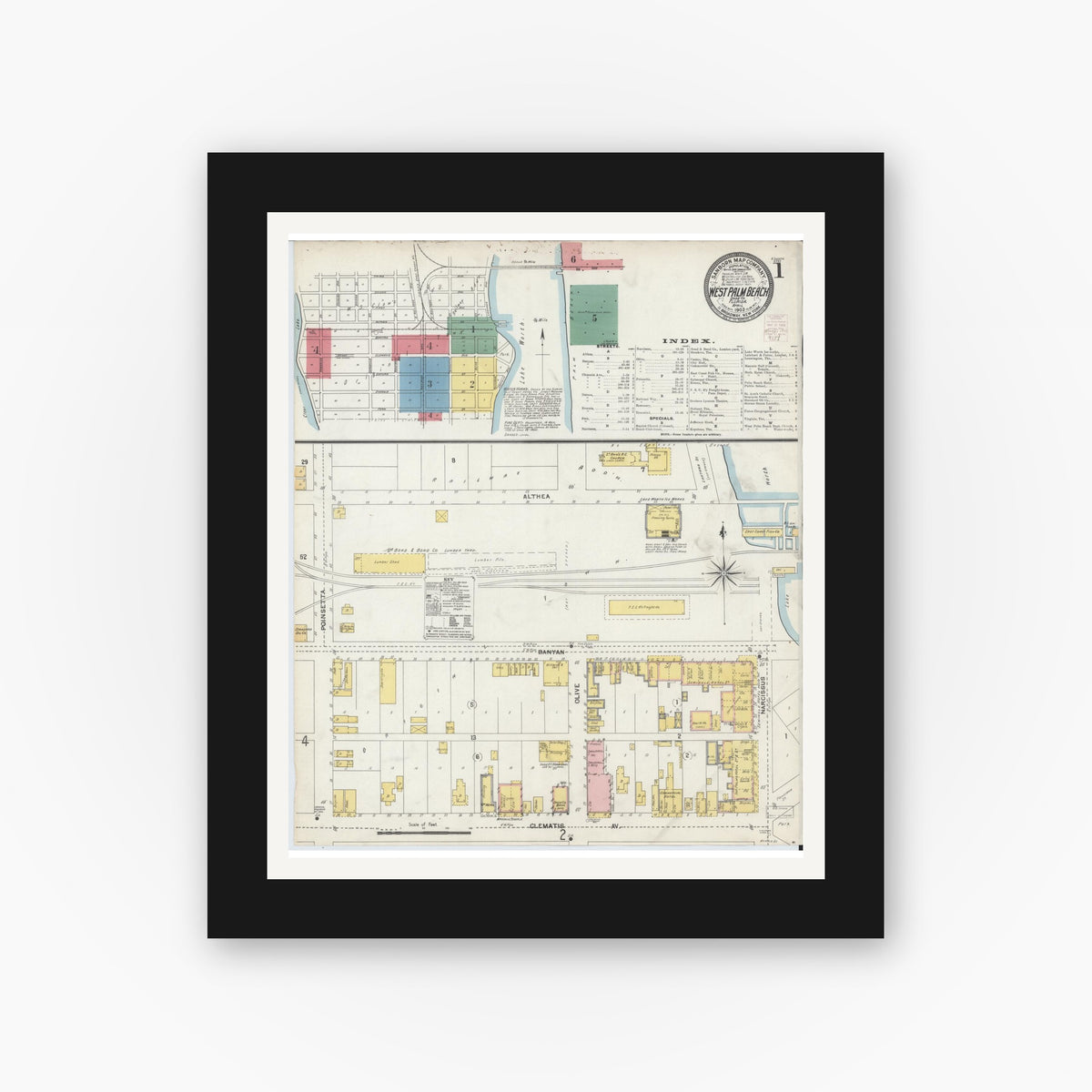 Old map wall art mockup — black gallery frame with white mat — Sanborn Fire Insurance Map from West Palm Beach, Dade County, Florida (1903), Sheet #0001