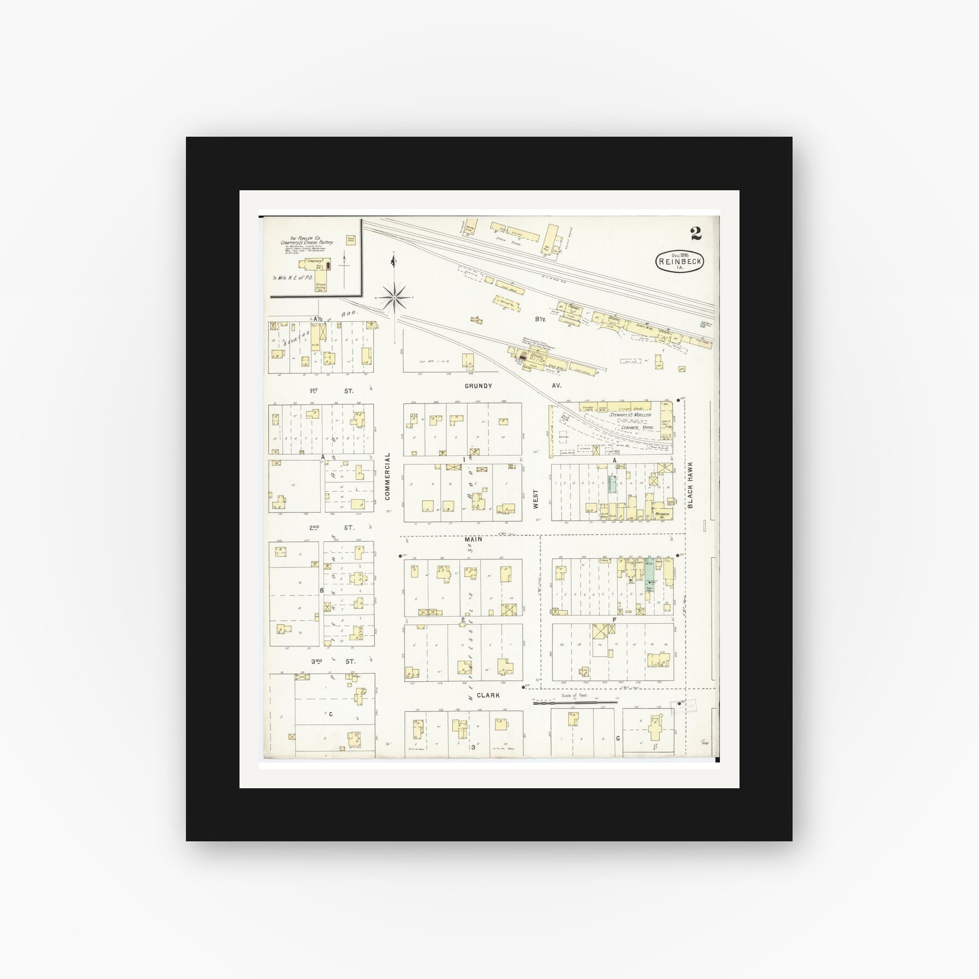 Old map wall art mockup — black gallery frame with white mat — Sanborn Fire Insurance Map from Reinbeck, Grundy County, Iowa (1895), Sheet #0002