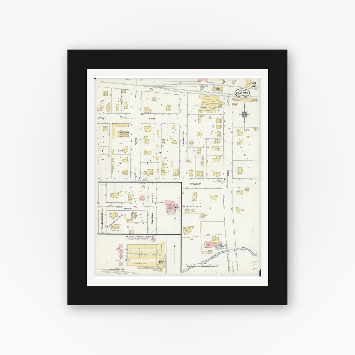 Old map wall art mockup — black gallery frame with white mat — Sanborn Fire Insurance Map from Paw Paw, Lee County, Illinois (1910), Sheet #0002