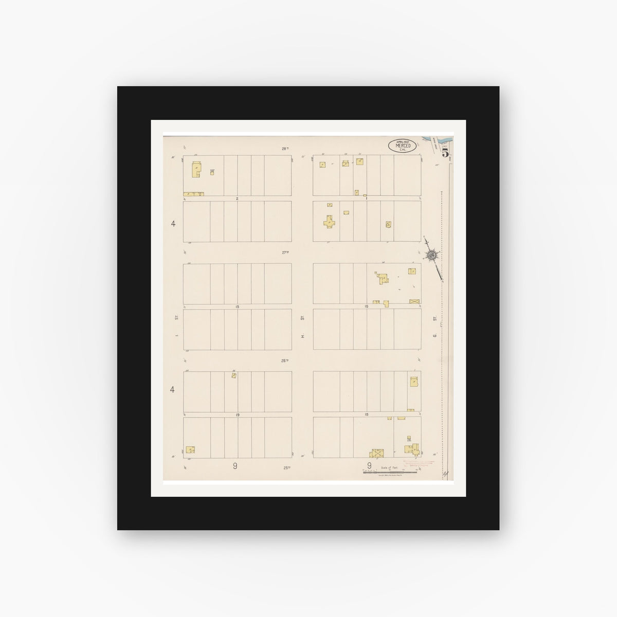 Old map wall art mockup — black gallery frame with white mat — Sanborn Fire Insurance Map from Merced, Merced County, California (1922), Sheet #0005