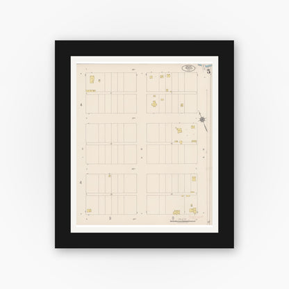 Old map wall art mockup — black gallery frame with white mat — Sanborn Fire Insurance Map from Merced, Merced County, California (1922), Sheet #0005