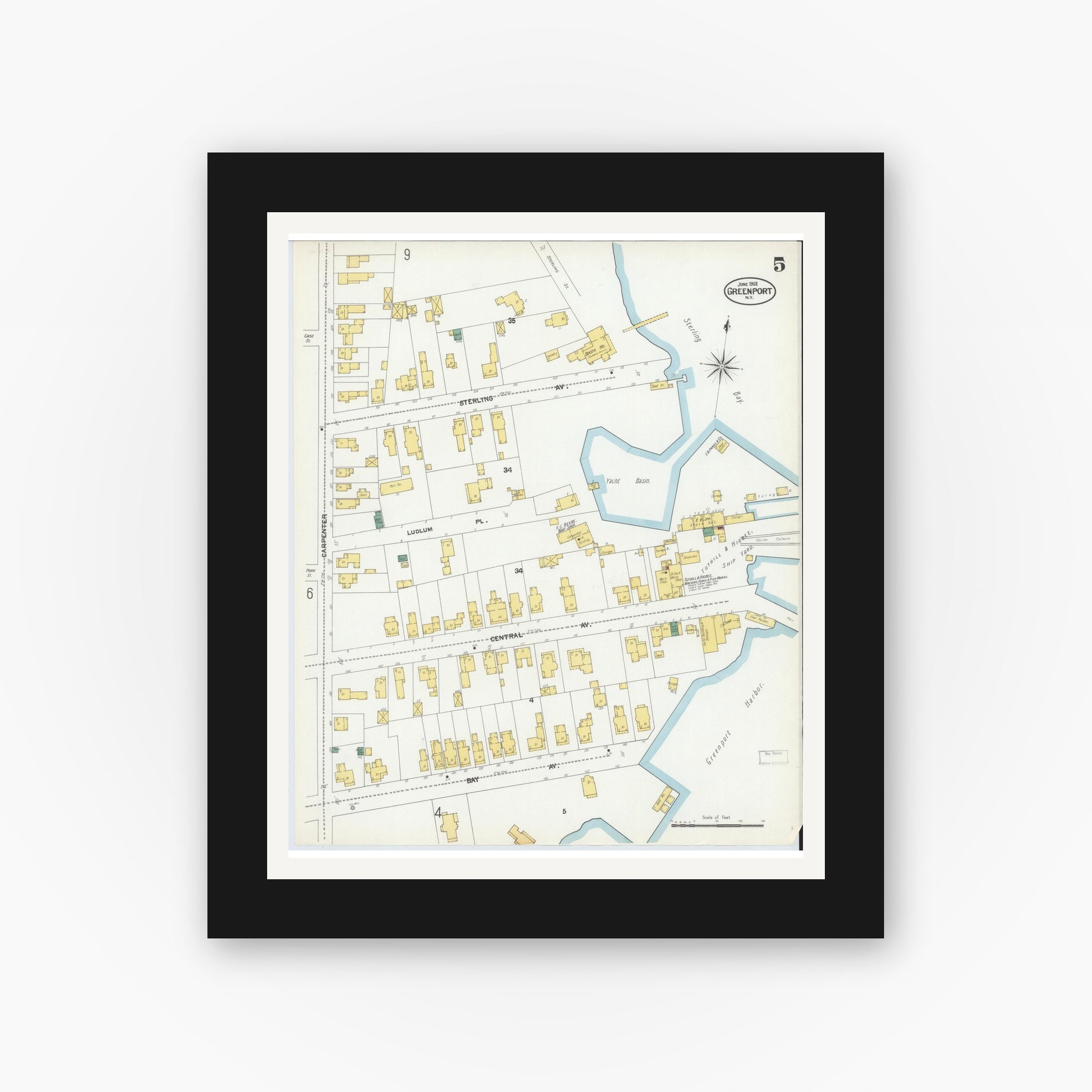 Old map wall art mockup — black gallery frame with white mat — Sanborn Fire Insurance Map from Greenport, Suffolk County, New York (1902), Sheet #0005