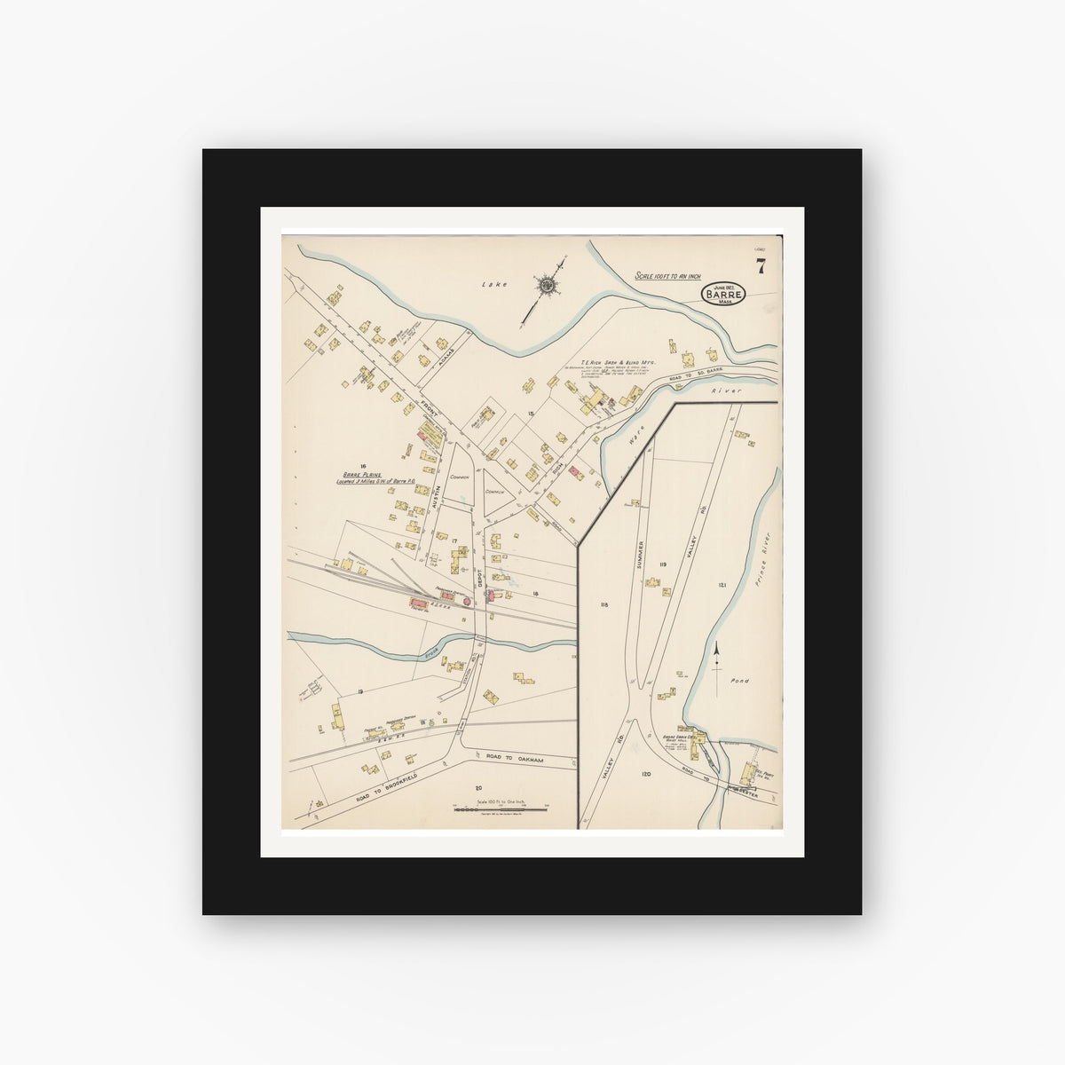 Old map wall art mockup — black gallery frame with white mat — Sanborn Fire Insurance Map from Barre, Worcester County, Massachusetts (1922), Sheet #0007