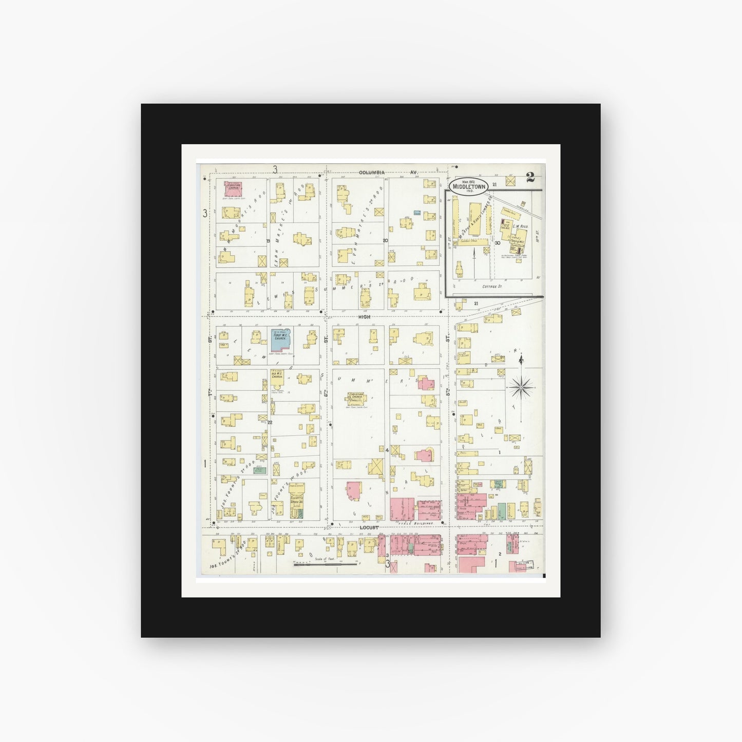 Old map wall art mockup — black gallery frame with white mat — Sanborn Fire Insurance Map from Middletown, Henry County, Indiana (1902), Sheet #0002