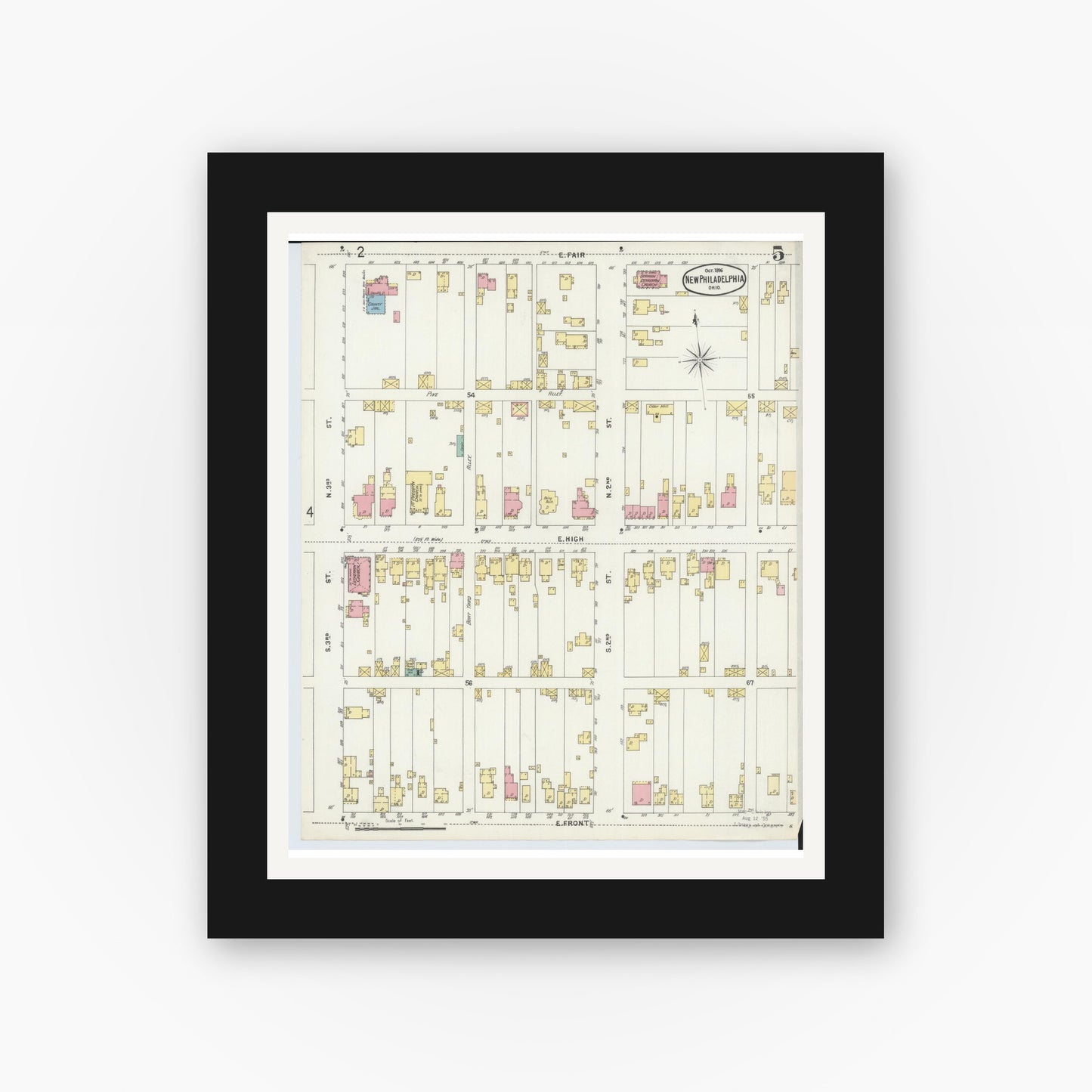 Old map wall art mockup — black gallery frame with white mat — Sanborn Fire Insurance Map from New Philadelphia, Tuscarawas County, Ohio (1896), Sheet #0005
