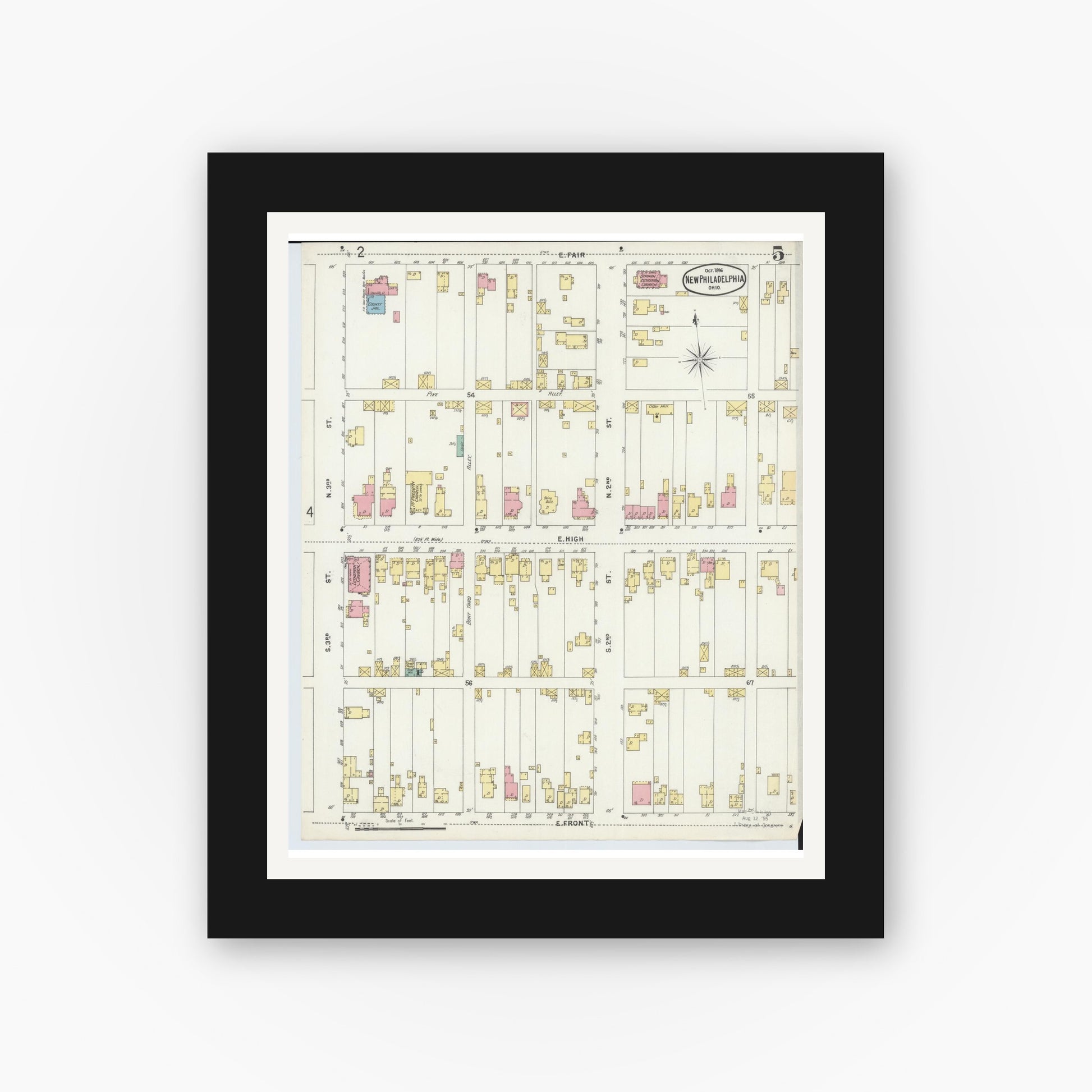 Old map wall art mockup — black gallery frame with white mat — Sanborn Fire Insurance Map from New Philadelphia, Tuscarawas County, Ohio (1896), Sheet #0005
