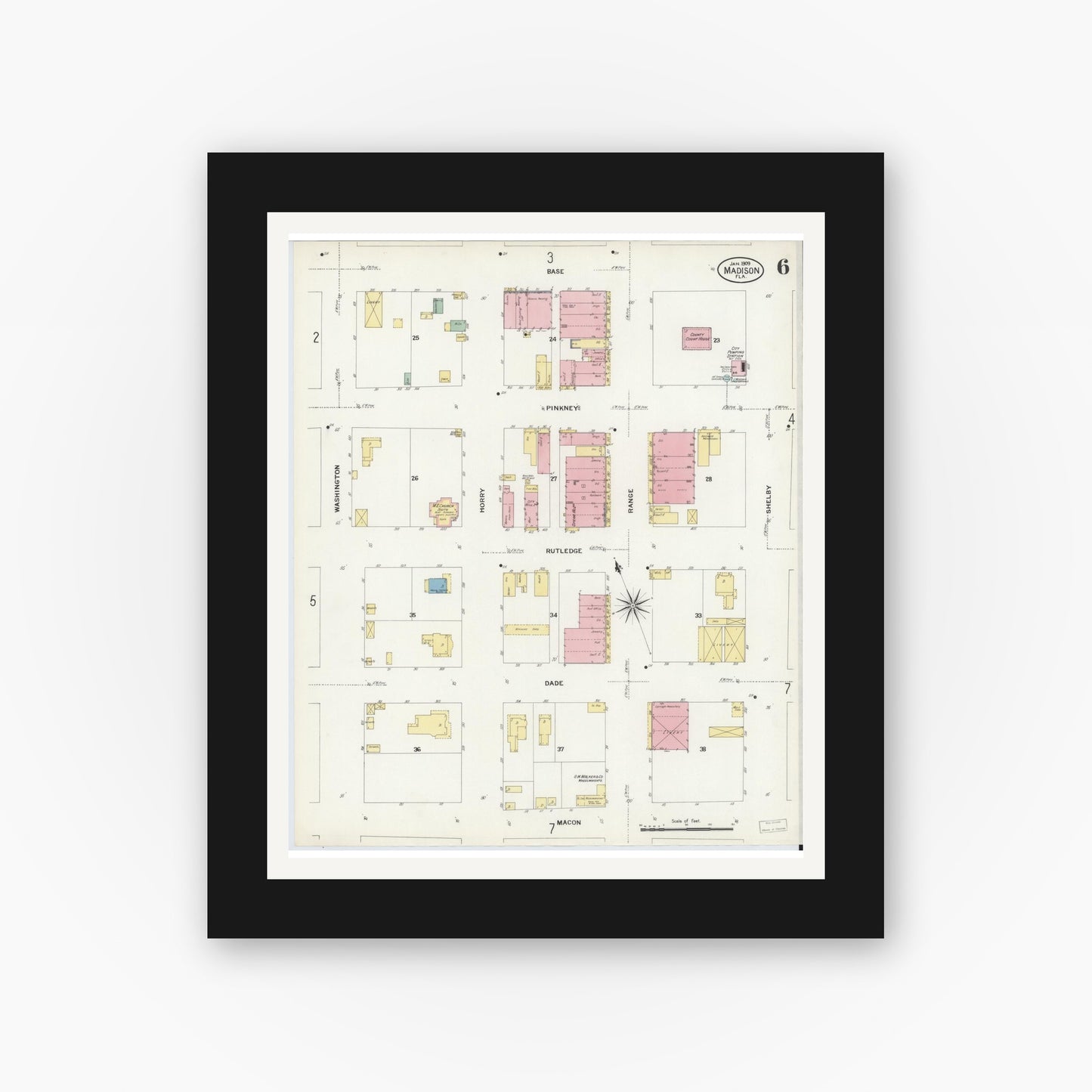 Old map wall art mockup — black gallery frame with white mat — Sanborn Fire Insurance Map from Madison, Madison County, Florida (1909), Sheet #0006
