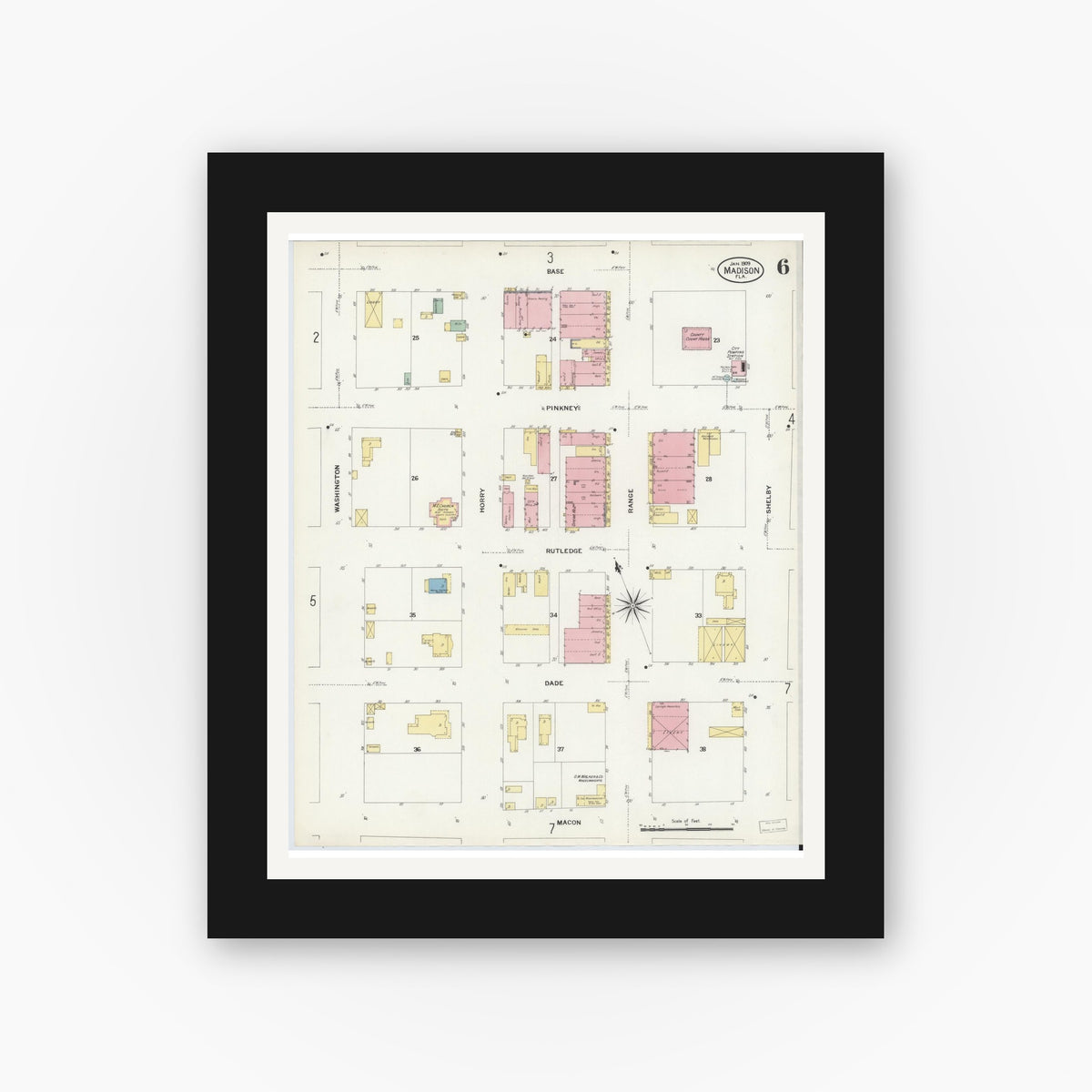 Old map wall art mockup — black gallery frame with white mat — Sanborn Fire Insurance Map from Madison, Madison County, Florida (1909), Sheet #0006