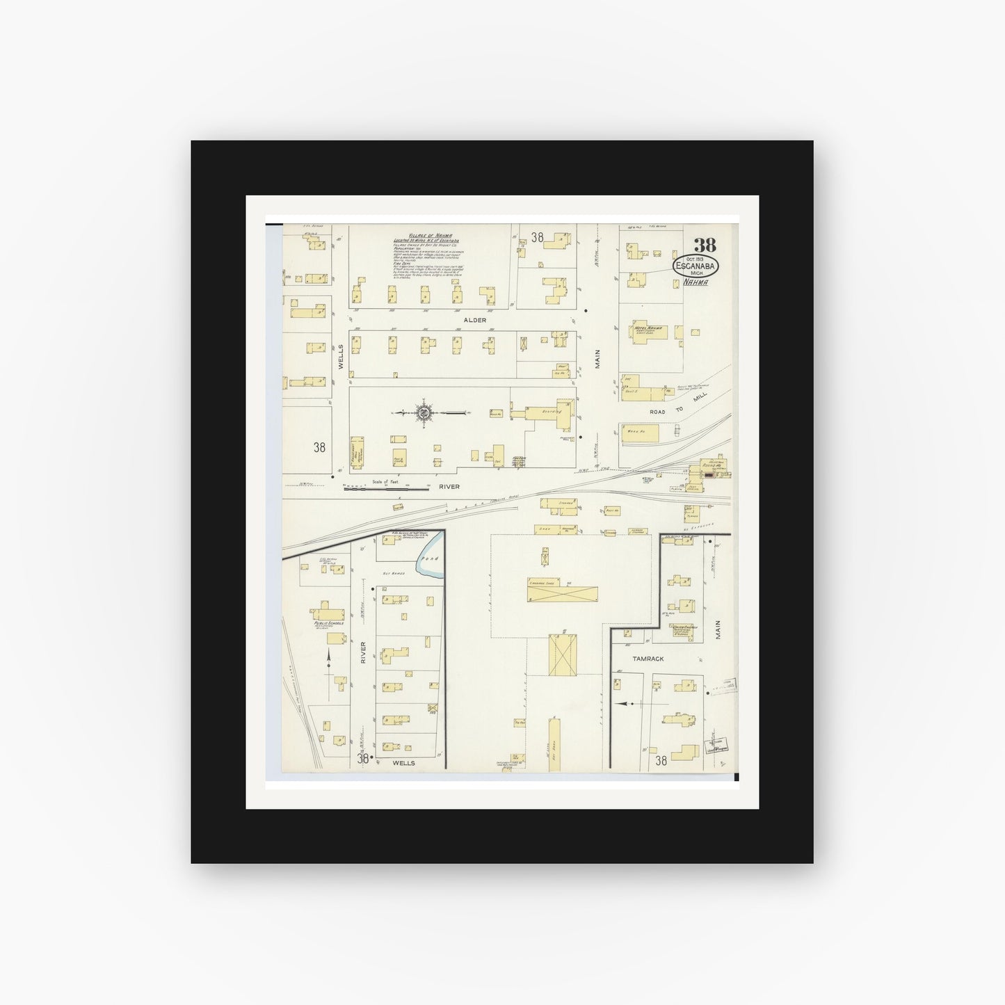Old map wall art mockup — black gallery frame with white mat — Sanborn Fire Insurance Map from Escanaba, Delta County, Michigan (1913), Sheet #0038