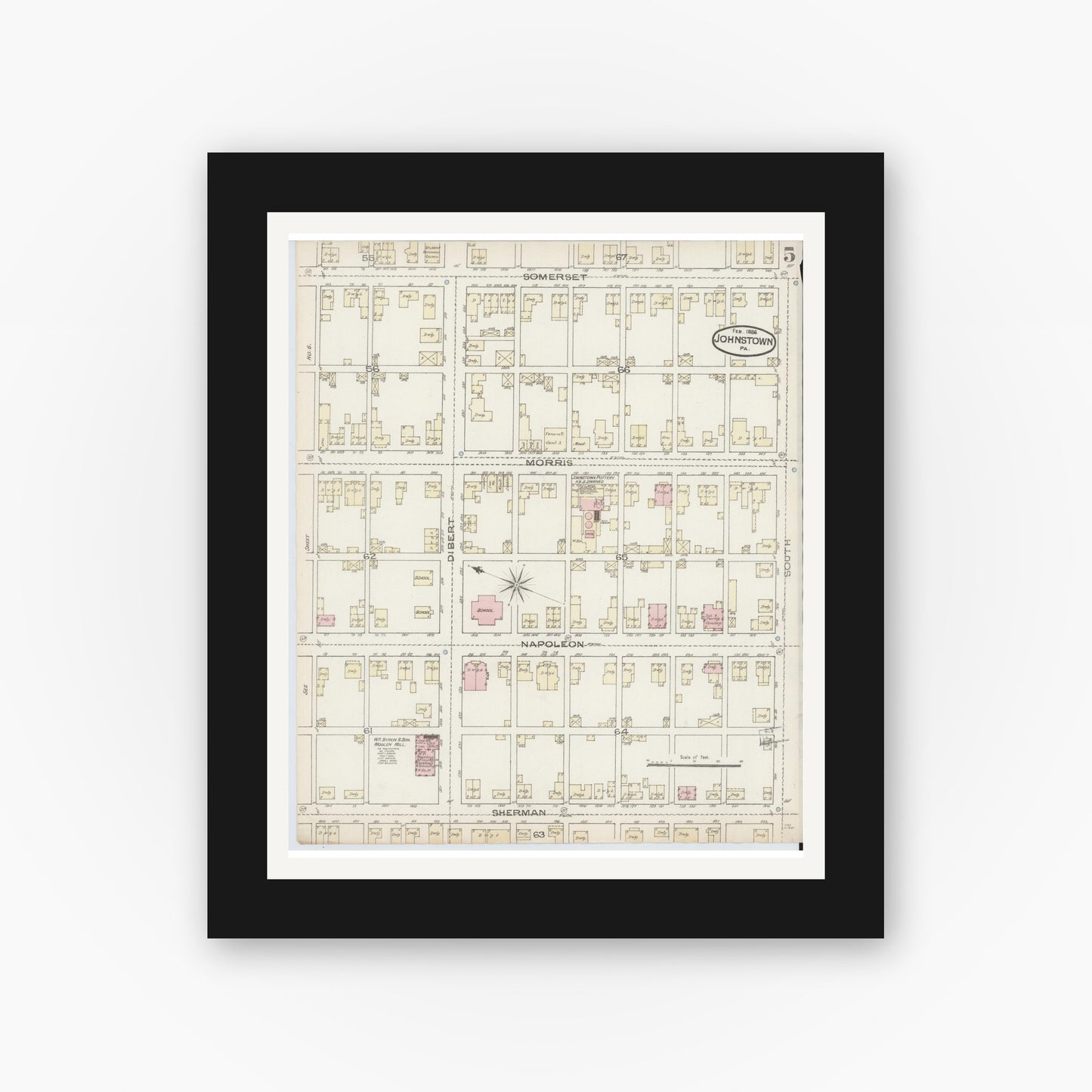Old map wall art mockup — black gallery frame with white mat — Sanborn Fire Insurance Map from Johnstown, Cambria County, Pennsylvania (1886), Sheet #0005