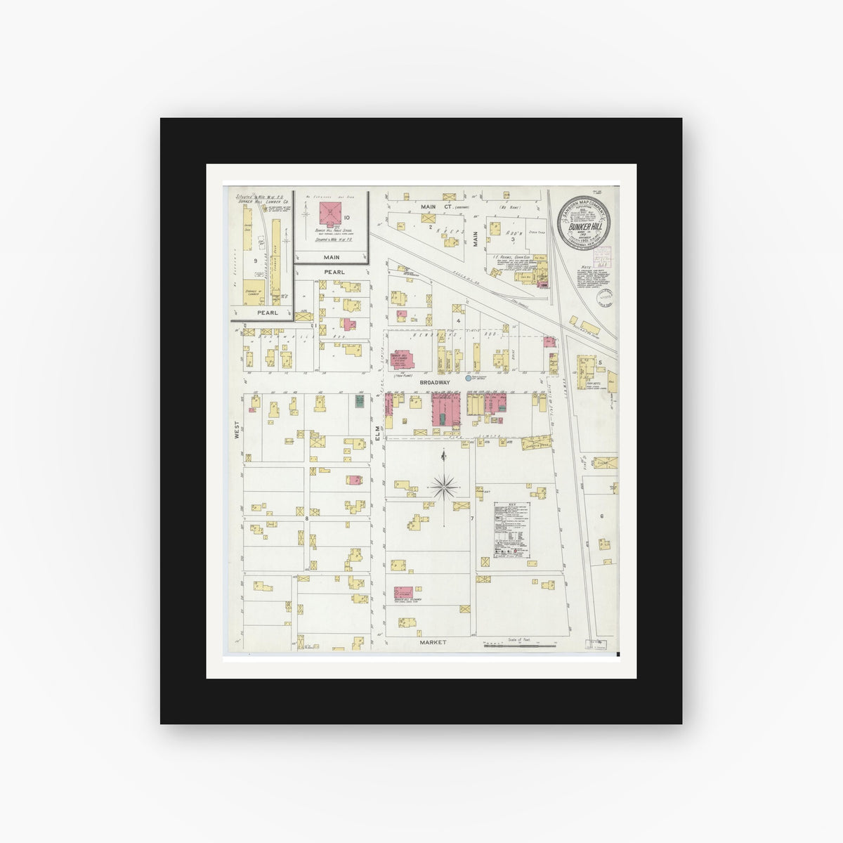 Old map wall art mockup — black gallery frame with white mat — Sanborn Fire Insurance Map from Bunker Hill, Miami County, Indiana (1901), Sheet #0001