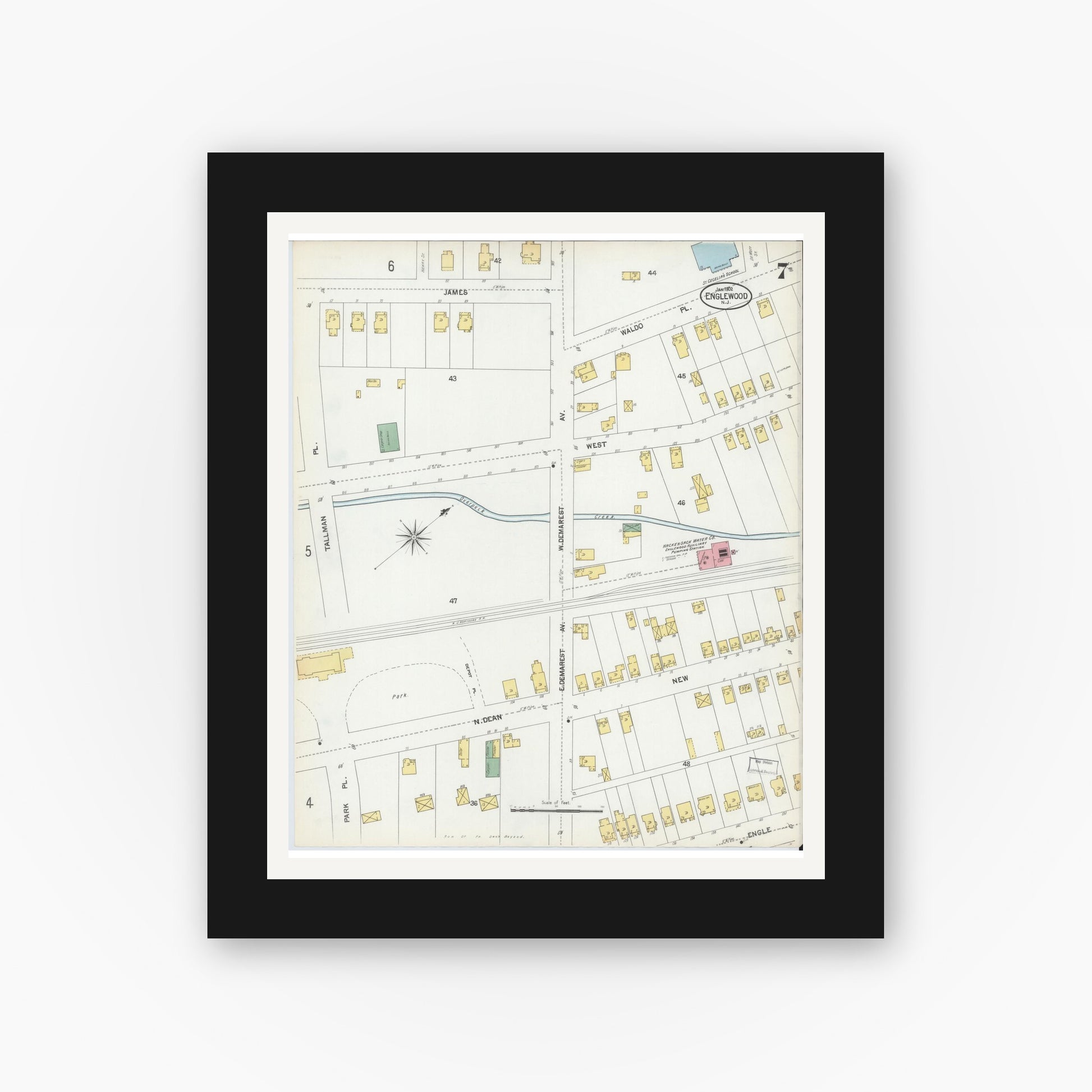 Old map wall art mockup — black gallery frame with white mat — Sanborn Fire Insurance Map from Englewood, Bergen County, New Jersey (1902), Sheet #0007
