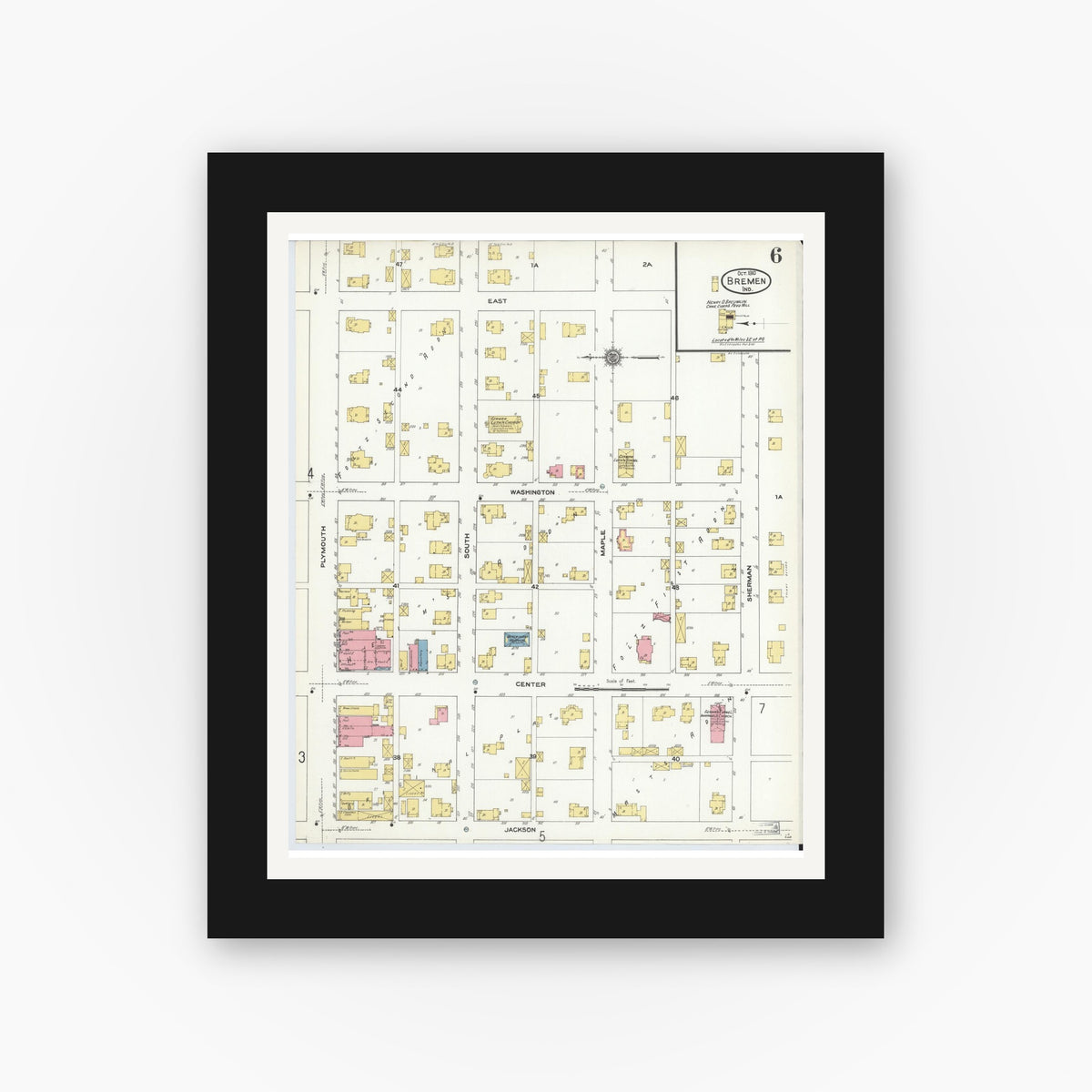 Old map wall art mockup — black gallery frame with white mat — Sanborn Fire Insurance Map from Bremen, Marshall County, Indiana (1910), Sheet #0006