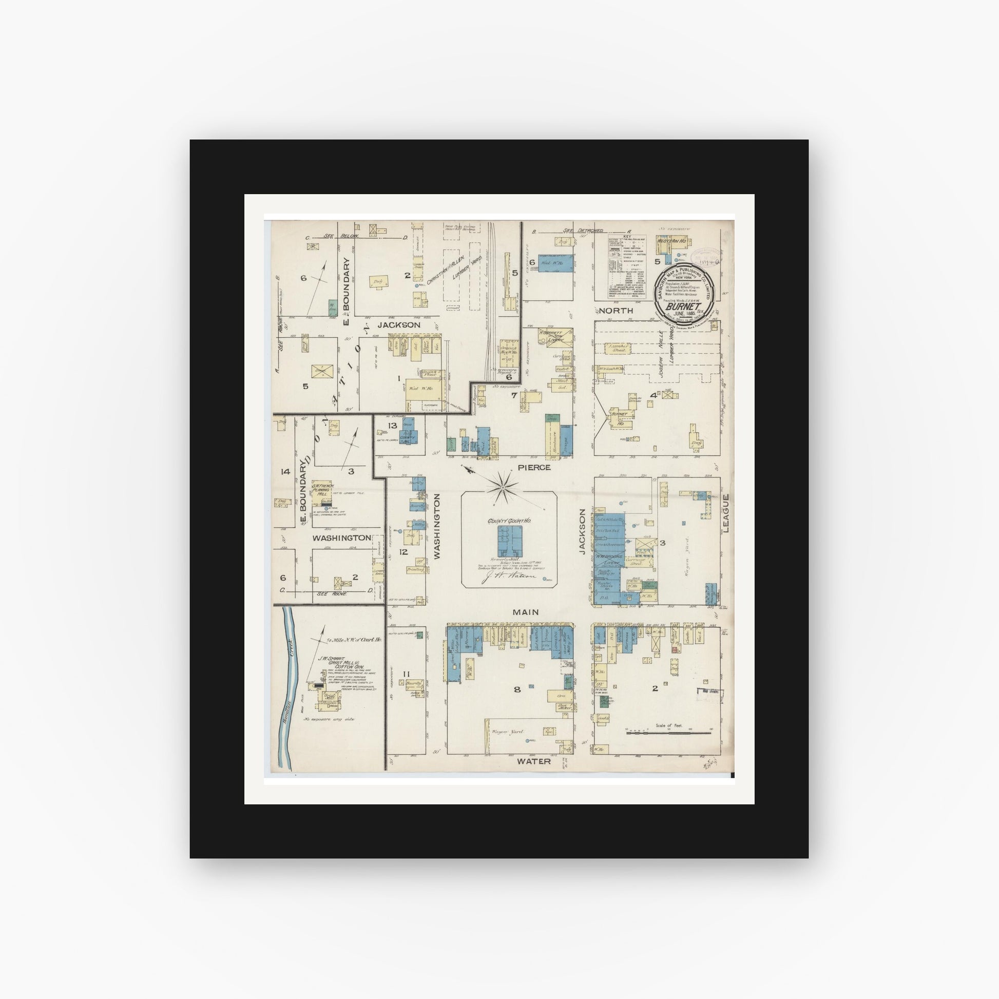 Old map wall art mockup — black gallery frame with white mat — Sanborn Fire Insurance Map from Burnet, Burnet County, Texas (1885), Sheet #0001