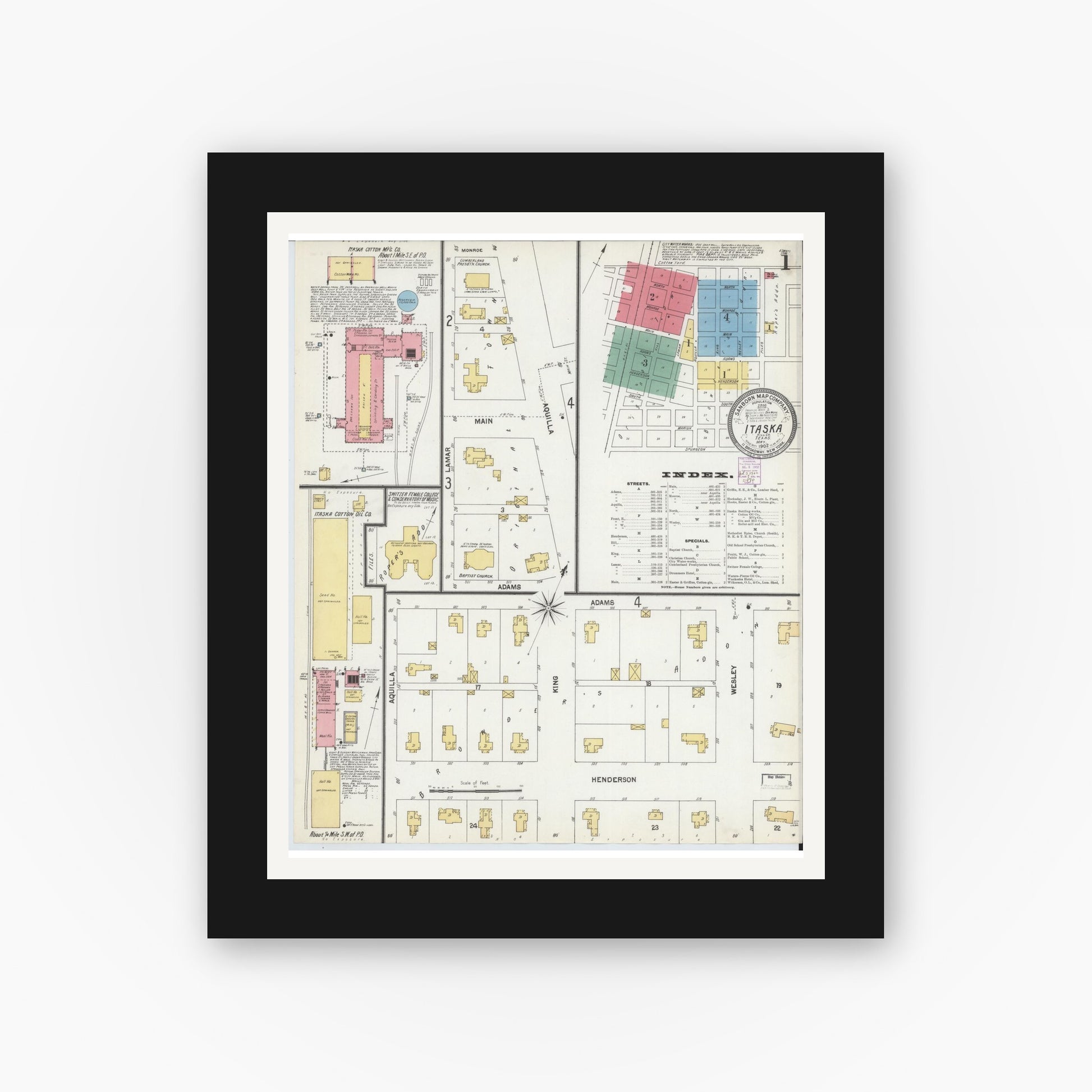 Old map wall art mockup — black gallery frame with white mat — Sanborn Fire Insurance Map from Itasca, Hill County, Texas (1902), Sheet #0001